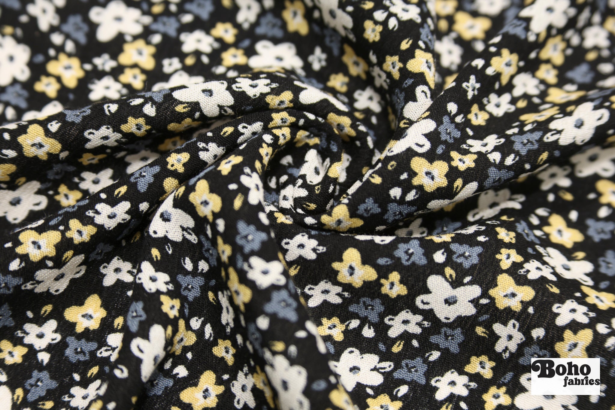 Black with Tiny White Blue and Yellow Ditsy Florals Rayon Crepe Woven Fabric - Boho Fabrics - Crepe, Woven