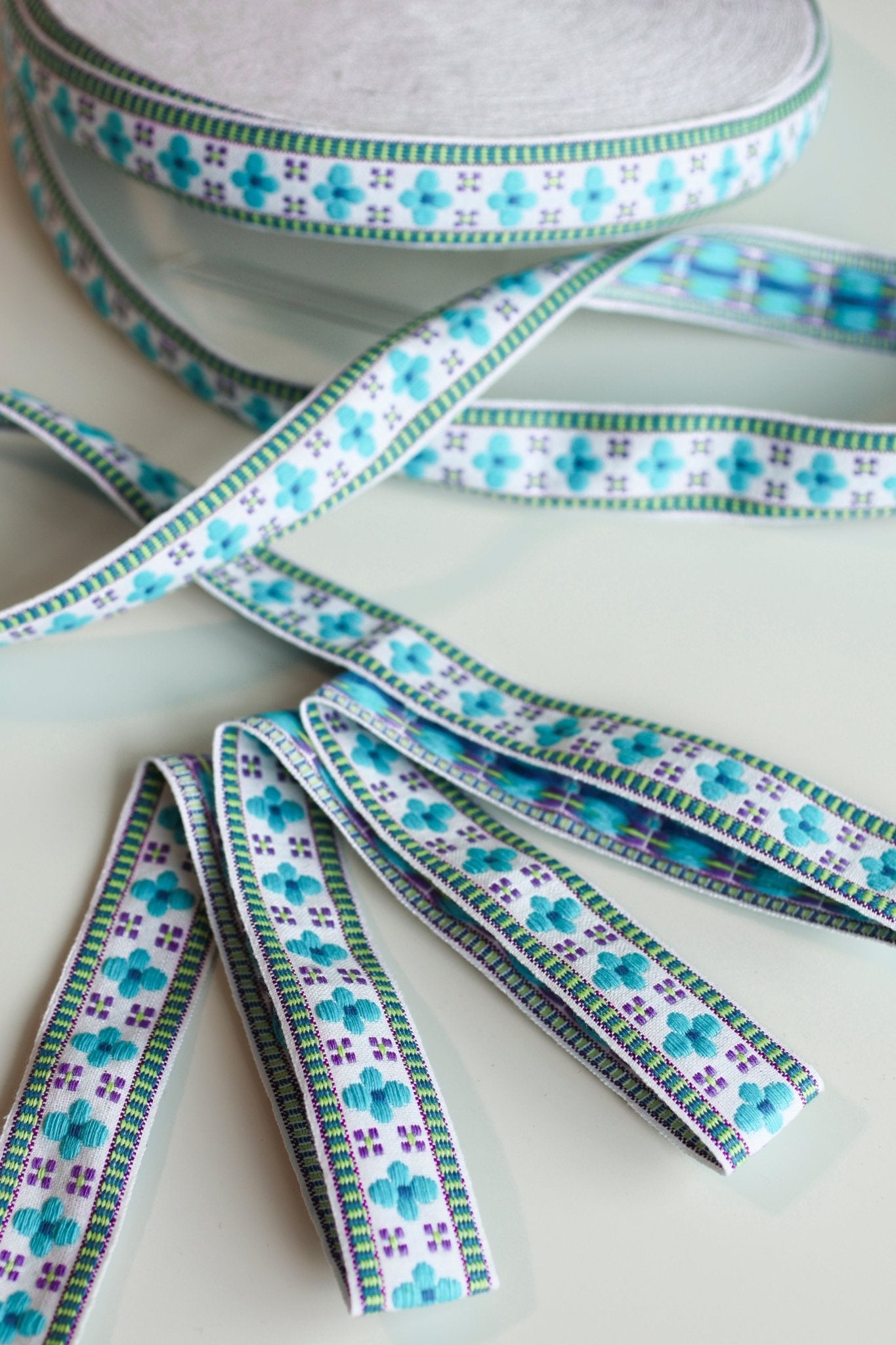 Bloom Grid in Blue, 1 1/4" Vintage Jacquard Woven Trim, TRIM - 020 - Boho Fabrics - Trims