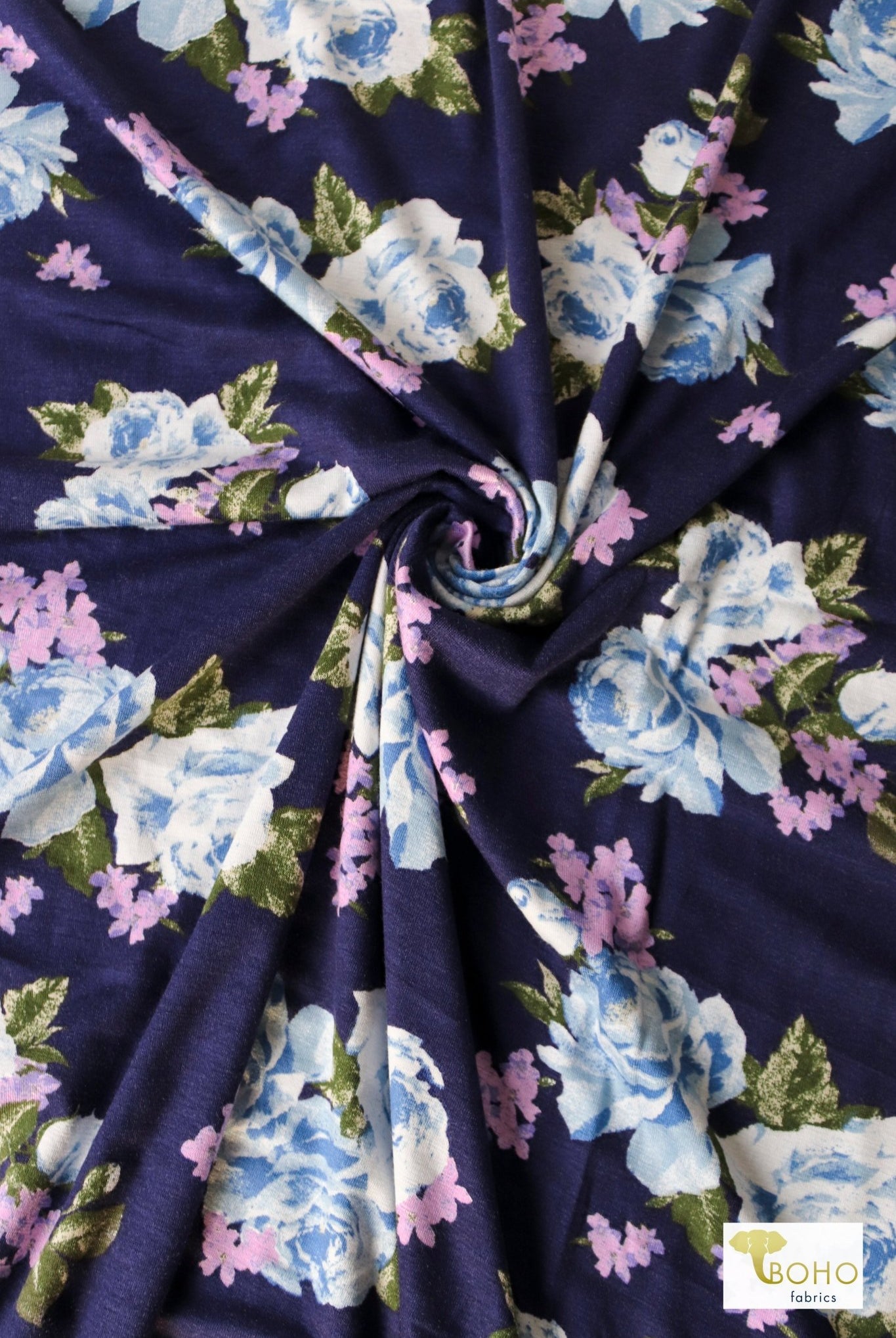 Blue Florals, Rayon Spandex Knit Fabric - Boho Fabrics