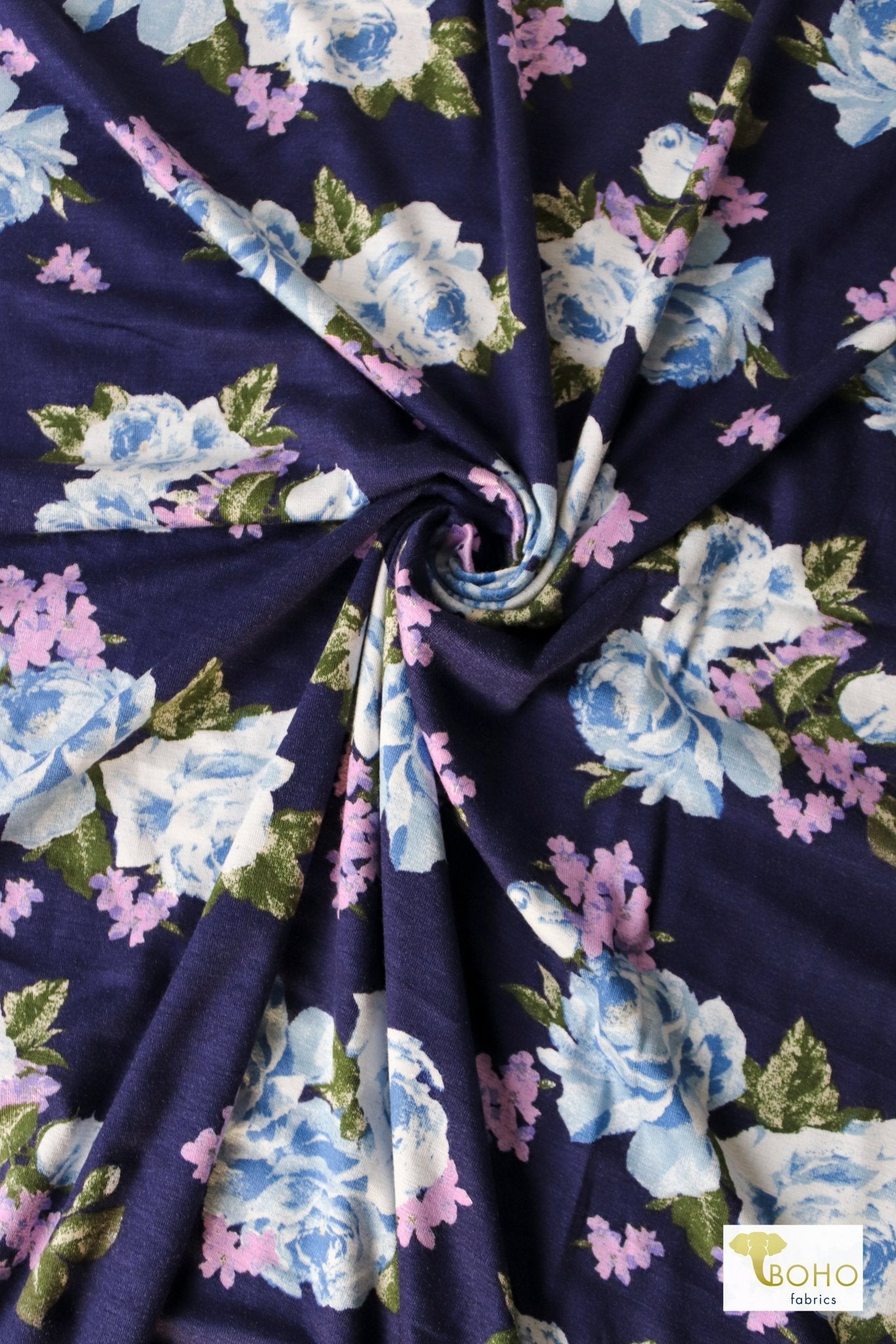 Blue Florals, Rayon Spandex Knit Fabric - Boho Fabrics