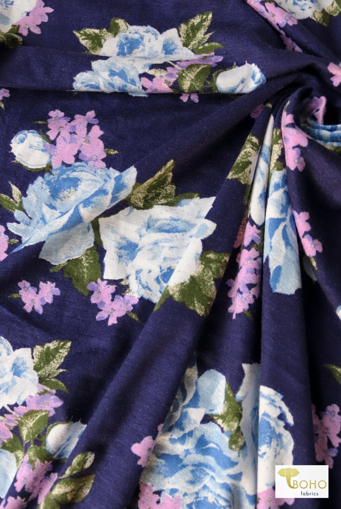 Blue Florals, Rayon Spandex Knit Fabric - Boho Fabrics