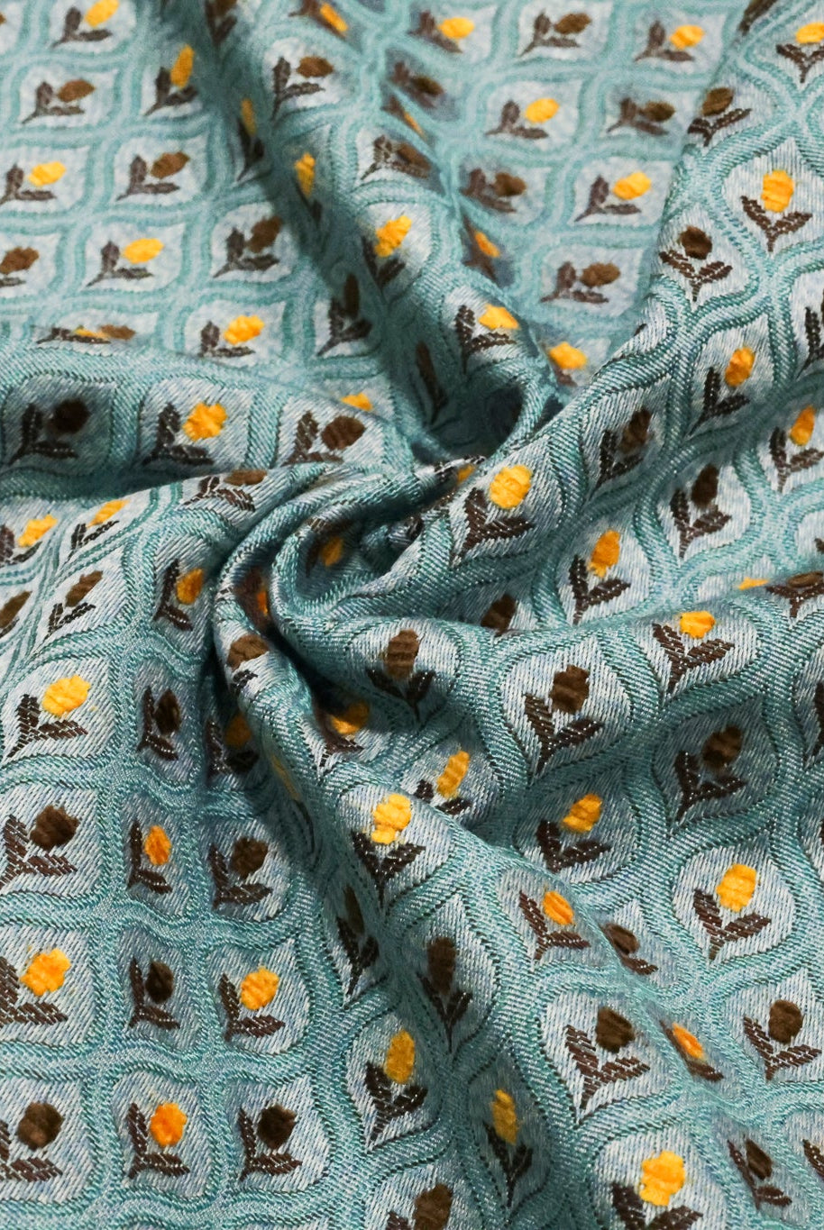 Blue & Gold Ogee Tulips Jacquard Woven Fabric - Boho Fabrics - Jacquard, Woven