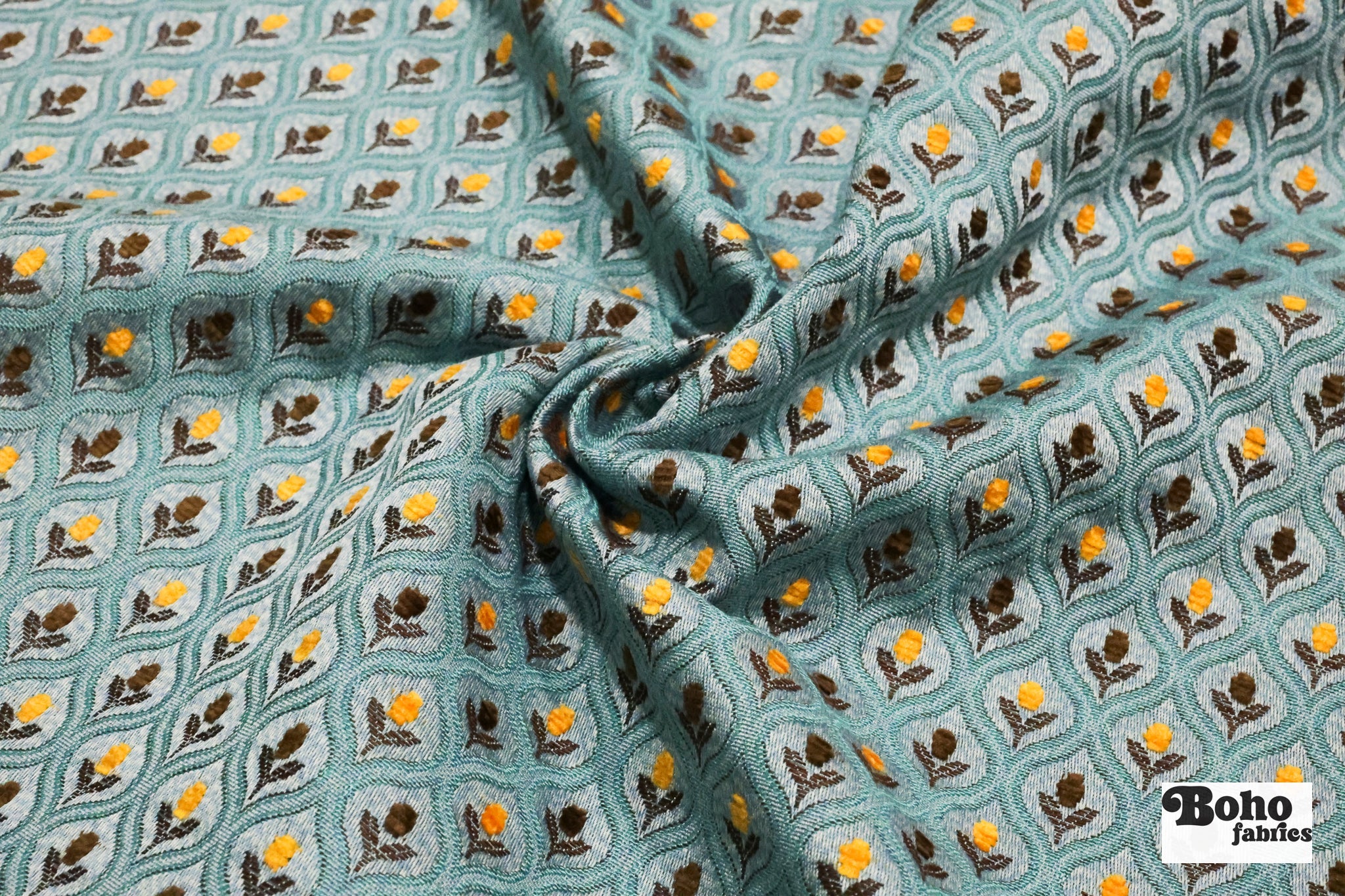 Blue & Gold Ogee Tulips Jacquard Woven Fabric - Boho Fabrics - Jacquard, Woven
