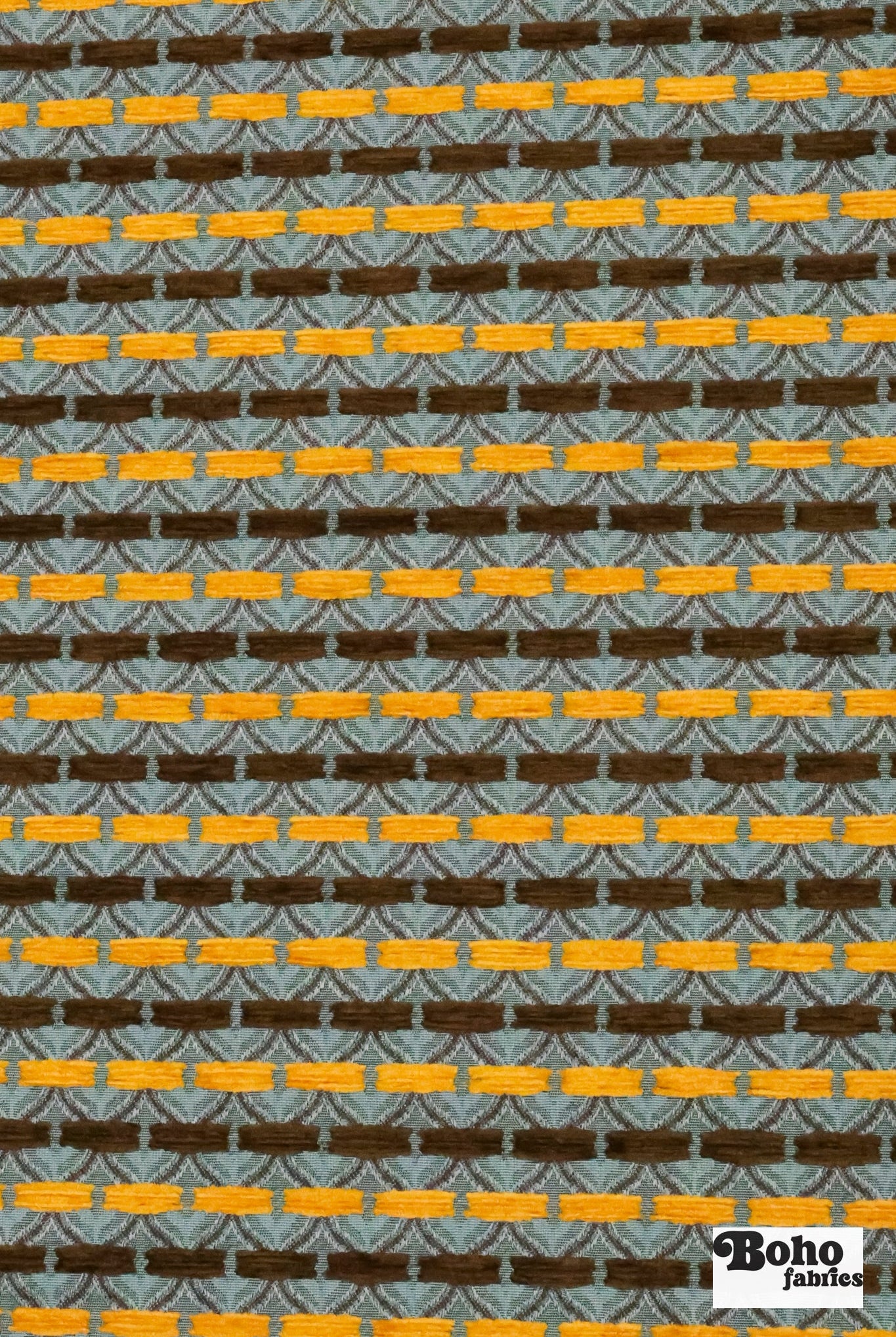 Blue & Gold Ogee Tulips Jacquard Woven Fabric - Boho Fabrics - Jacquard, Woven