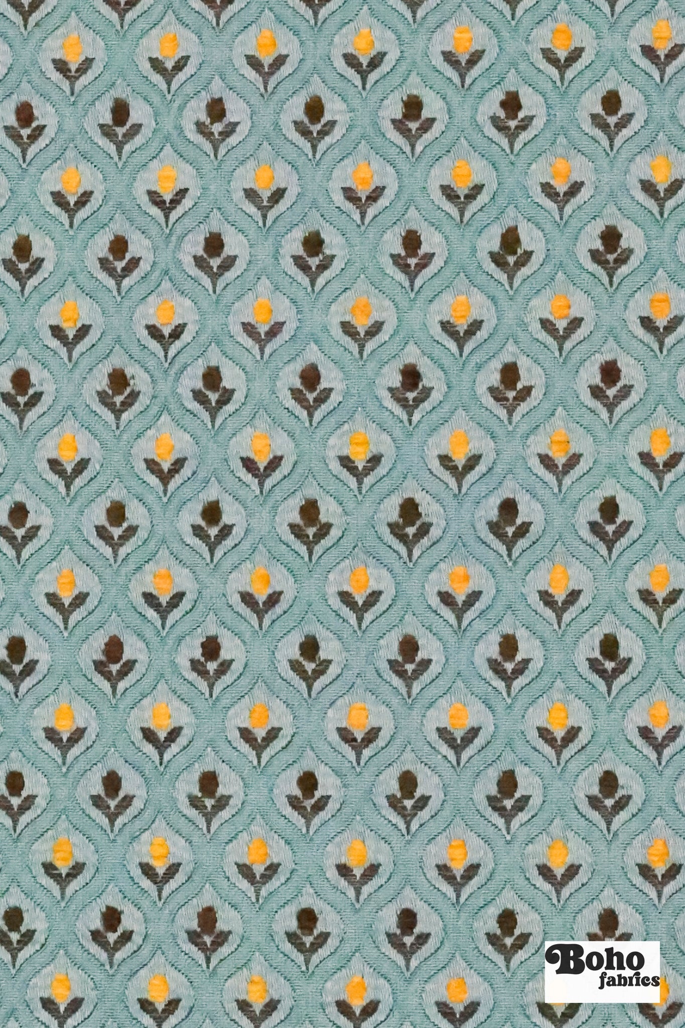 Blue & Gold Ogee Tulips Jacquard Woven Fabric - Boho Fabrics - Jacquard, Woven