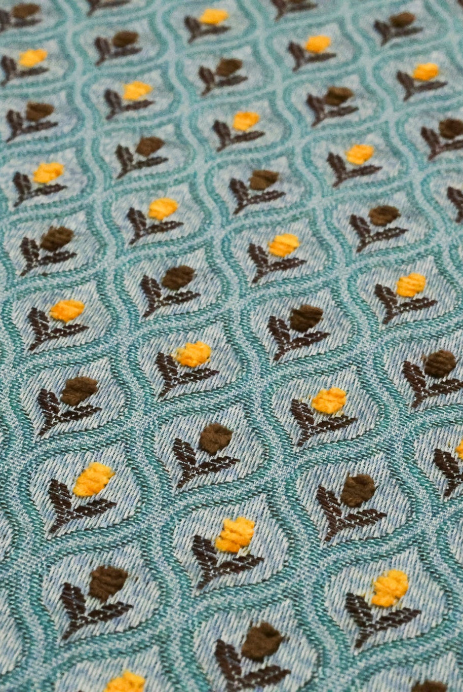 Blue & Gold Ogee Tulips Jacquard Woven Fabric - Boho Fabrics - Jacquard, Woven