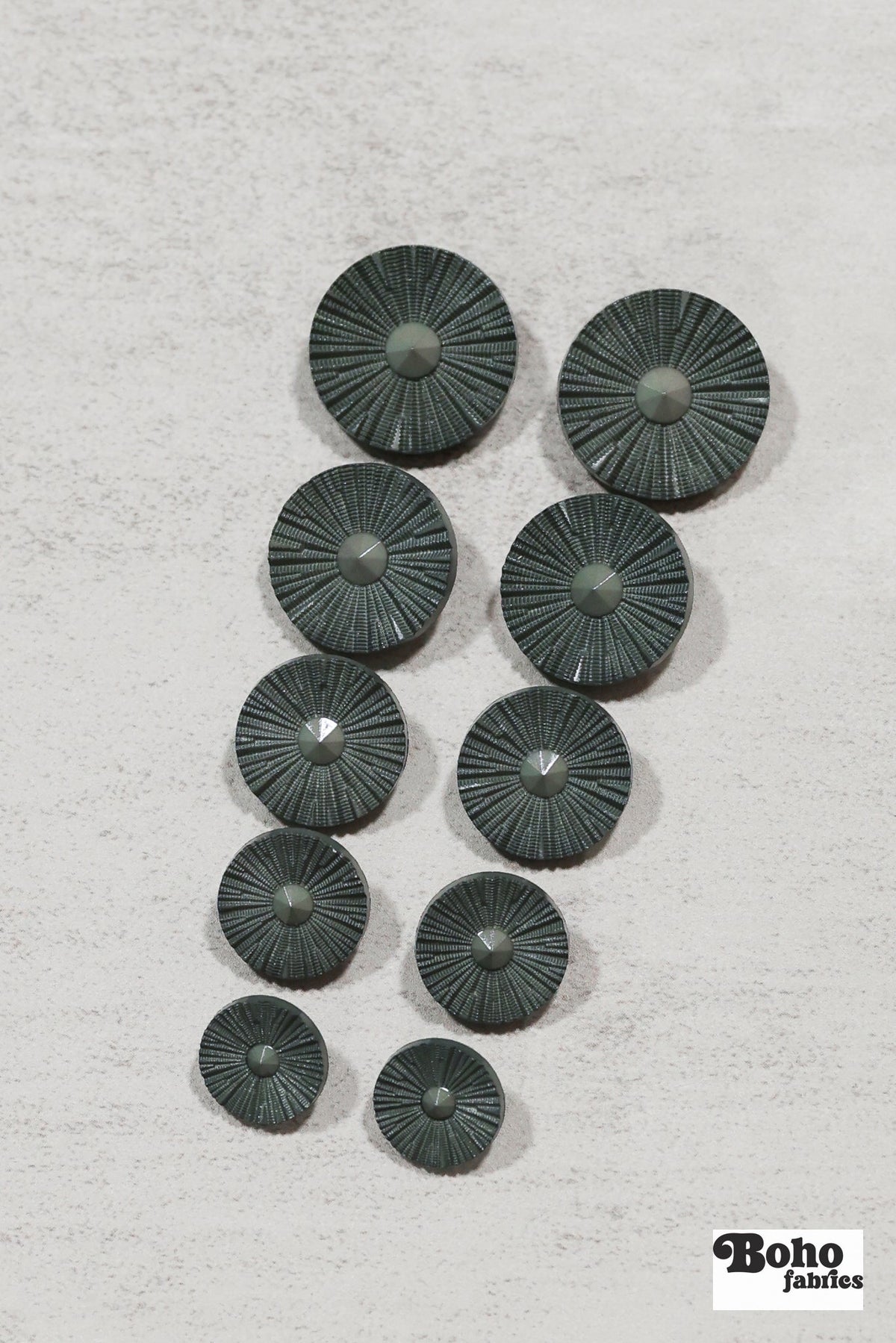Blue-Gray Round Ridged Sunburst Shank Buttons. 26L (16mm/ 3/4"), 28L, (18mm/ 11/16"), 34L (21mm / 13/16"), 36L (23mm, 7/8"), 42L (26mm/ 1") - Boho Fabrics - Buttons & Snaps