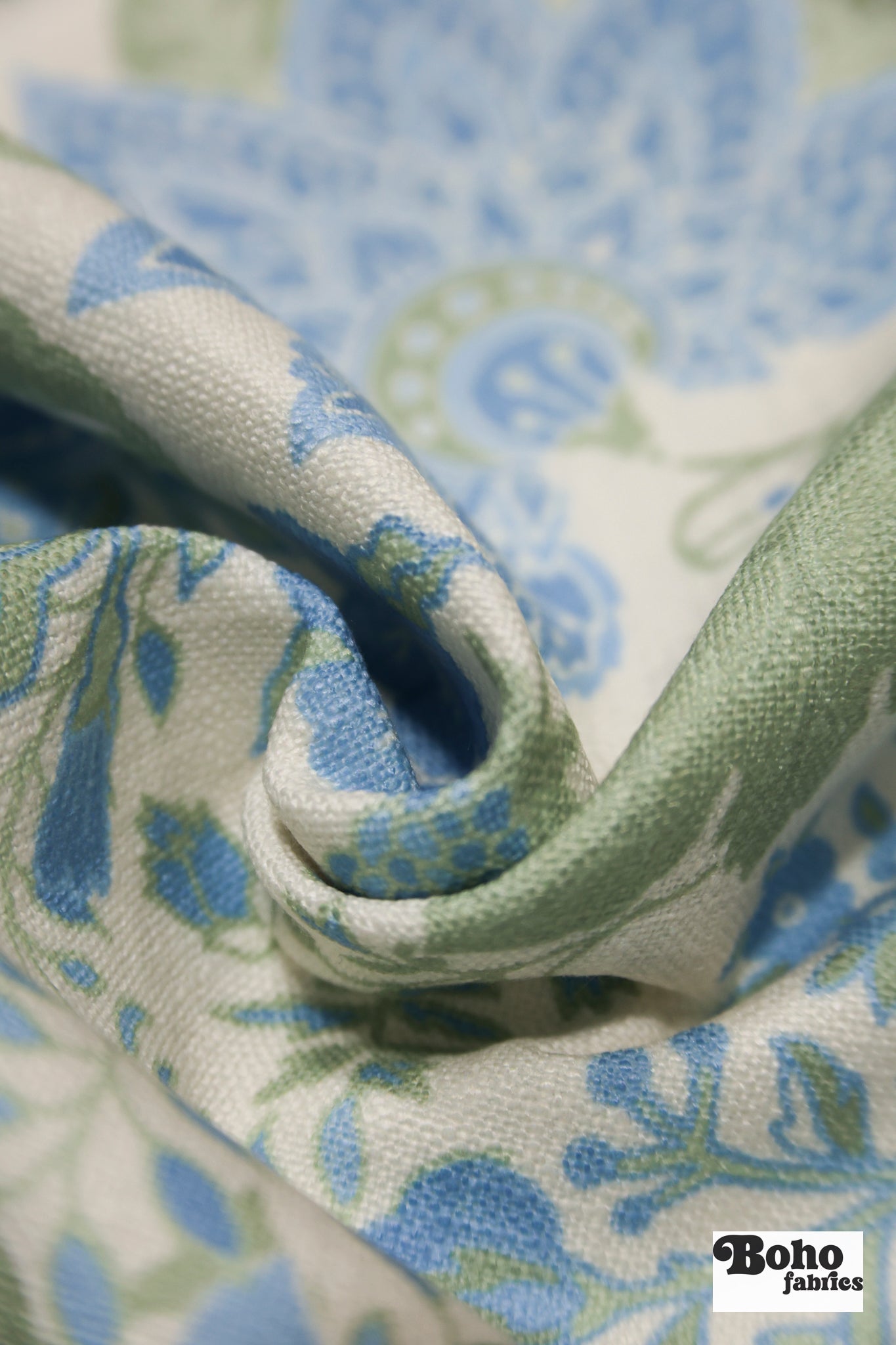 Blue & Green, Jacobean Floral Linen-Look Woven Fabric - Boho Fabrics - Canvas Fabric