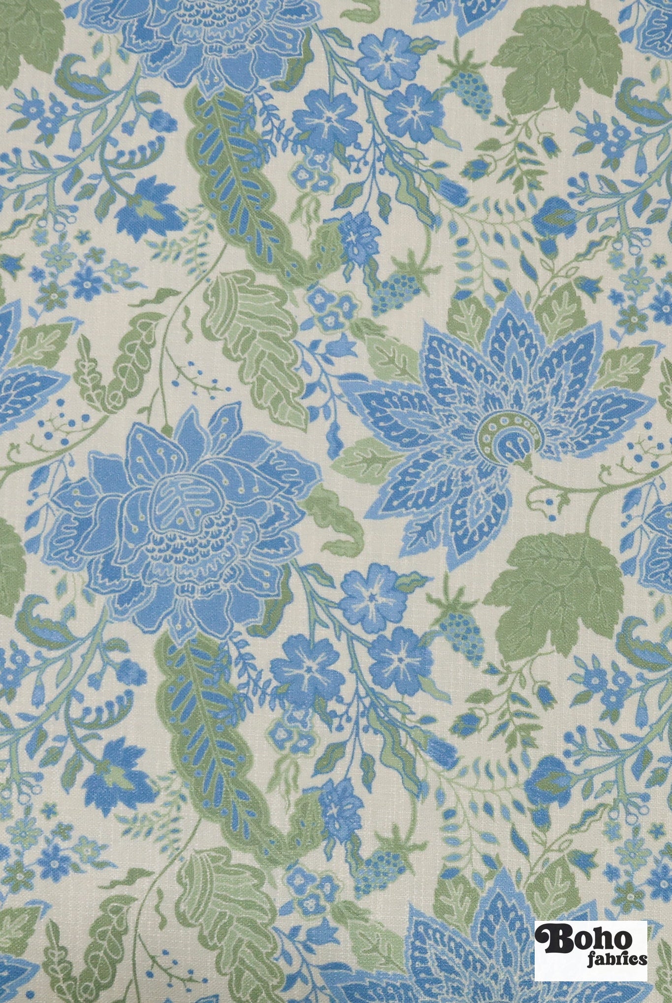 Blue & Green, Jacobean Floral Linen-Look Woven Fabric - Boho Fabrics - Canvas Fabric