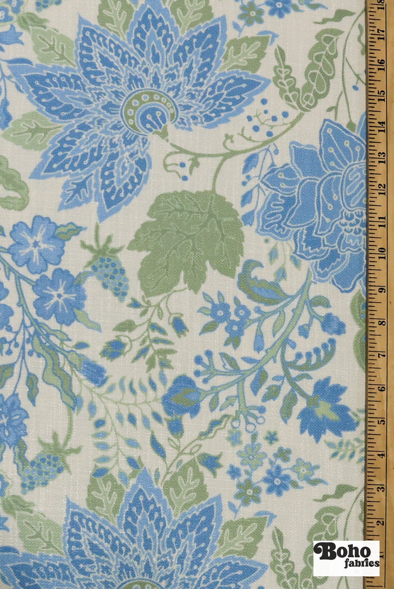 Blue & Green, Jacobean Floral Linen-Look Woven Fabric - Boho Fabrics - Canvas Fabric