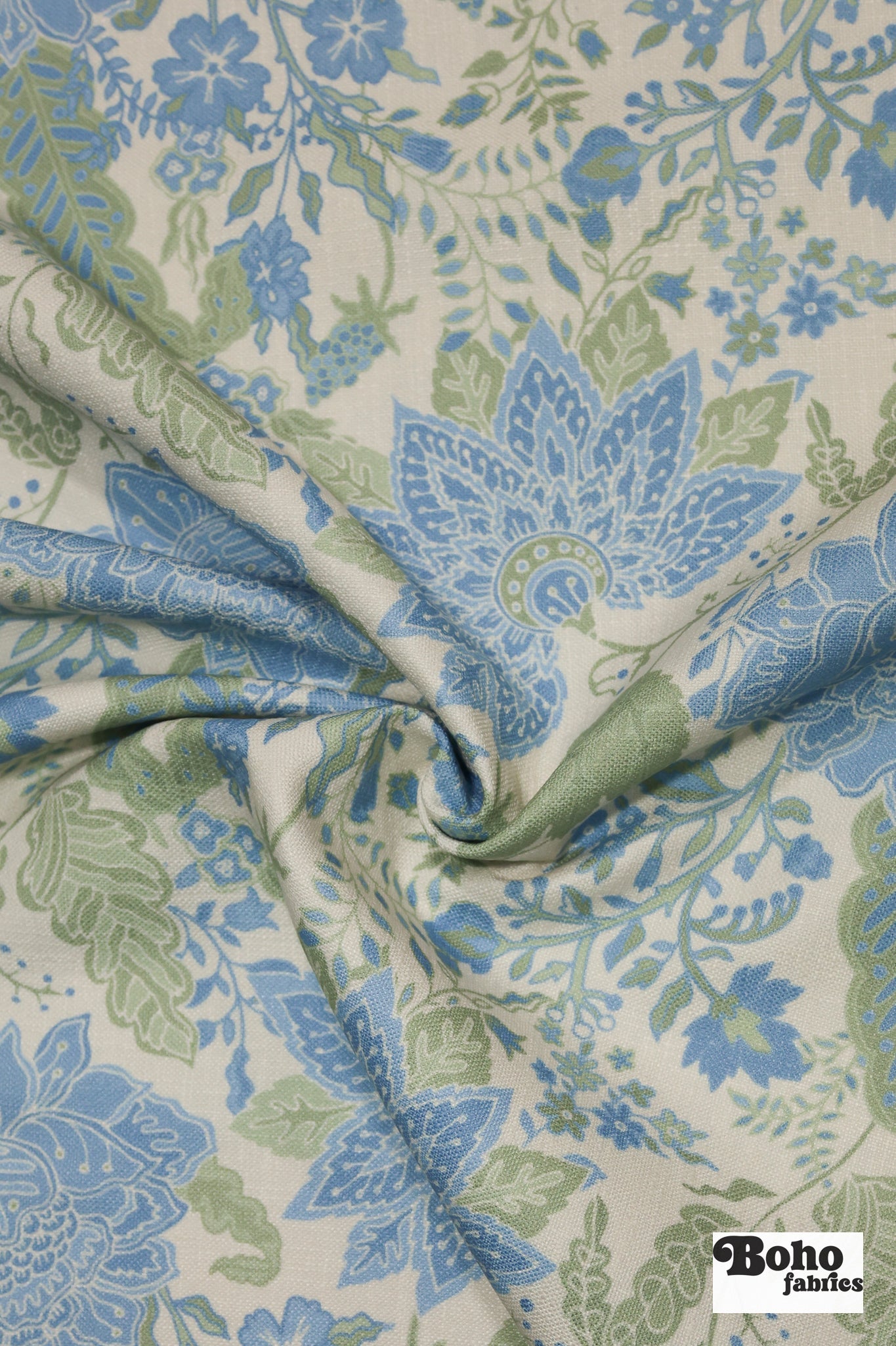 Blue & Green, Jacobean Floral Linen-Look Woven Fabric - Boho Fabrics - Canvas Fabric