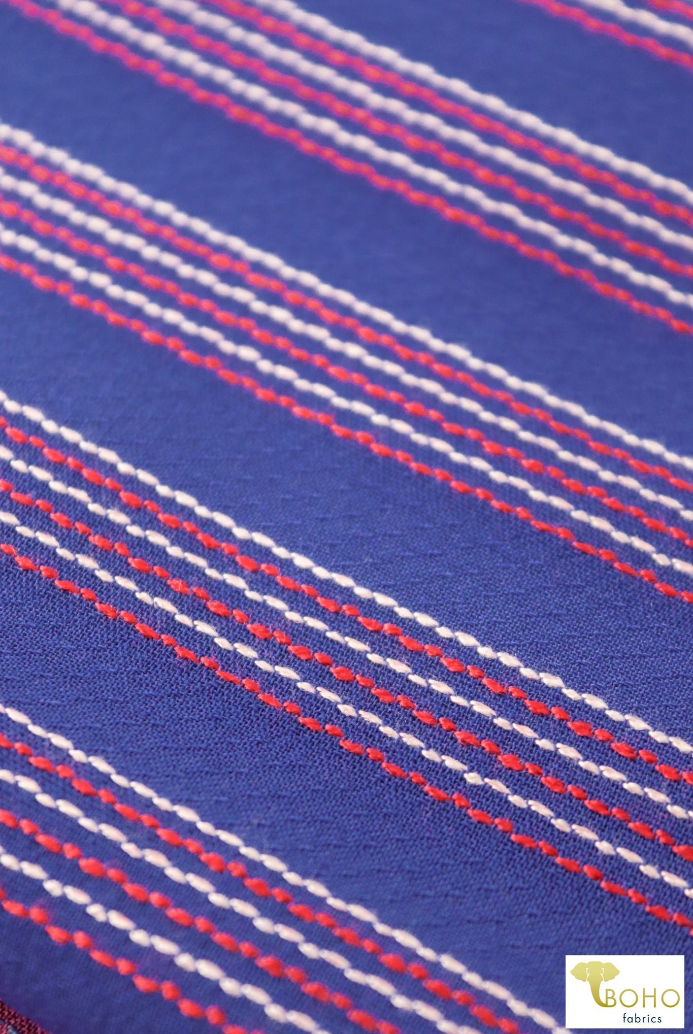 Blue Pacific Coast Highway Stripes. Embroidered Stripes on Blue Woven Fabric. WVS-308-BLU - Boho Fabrics