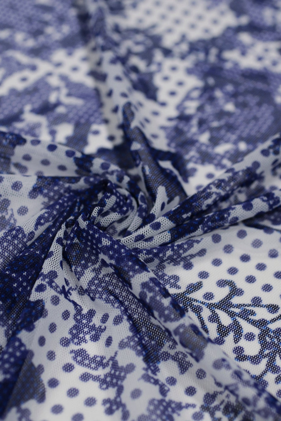 Blue Polka Dot Roses. Power Mesh - Boho Fabrics - Stretch Mesh