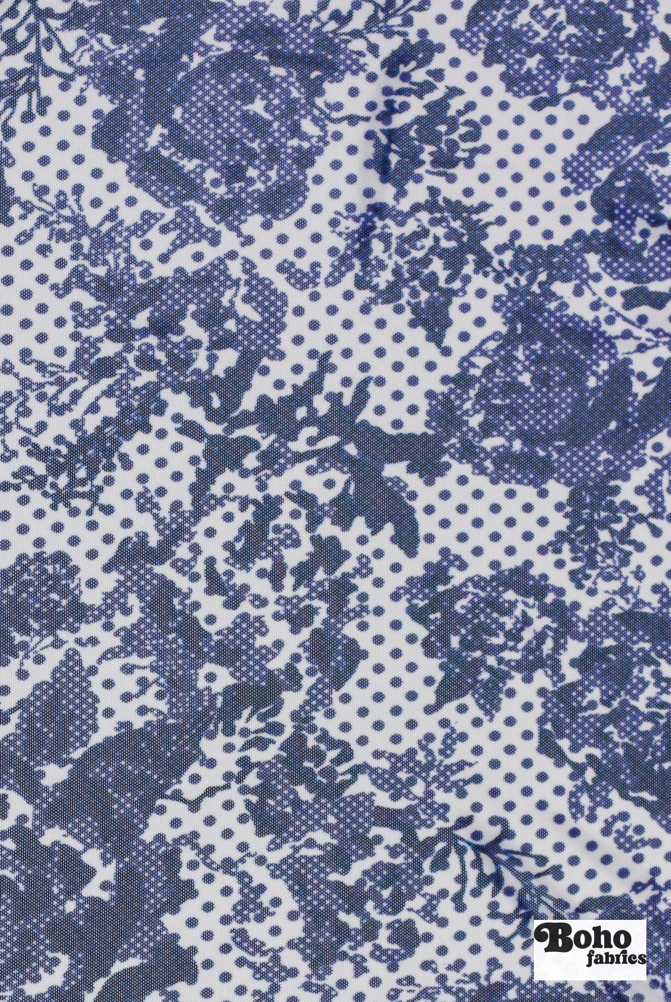 Blue Polka Dot Roses. Power Mesh - Boho Fabrics - Stretch Mesh