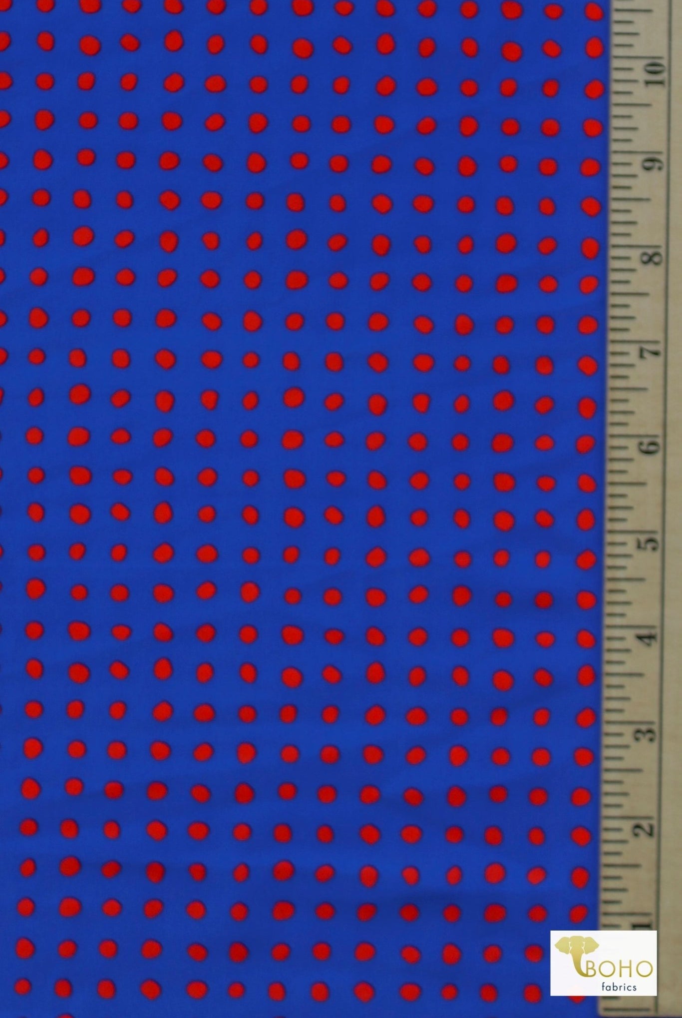 Blue & Red Mod Polka Dots, Printed Swim Knit Fabric. - Boho Fabrics