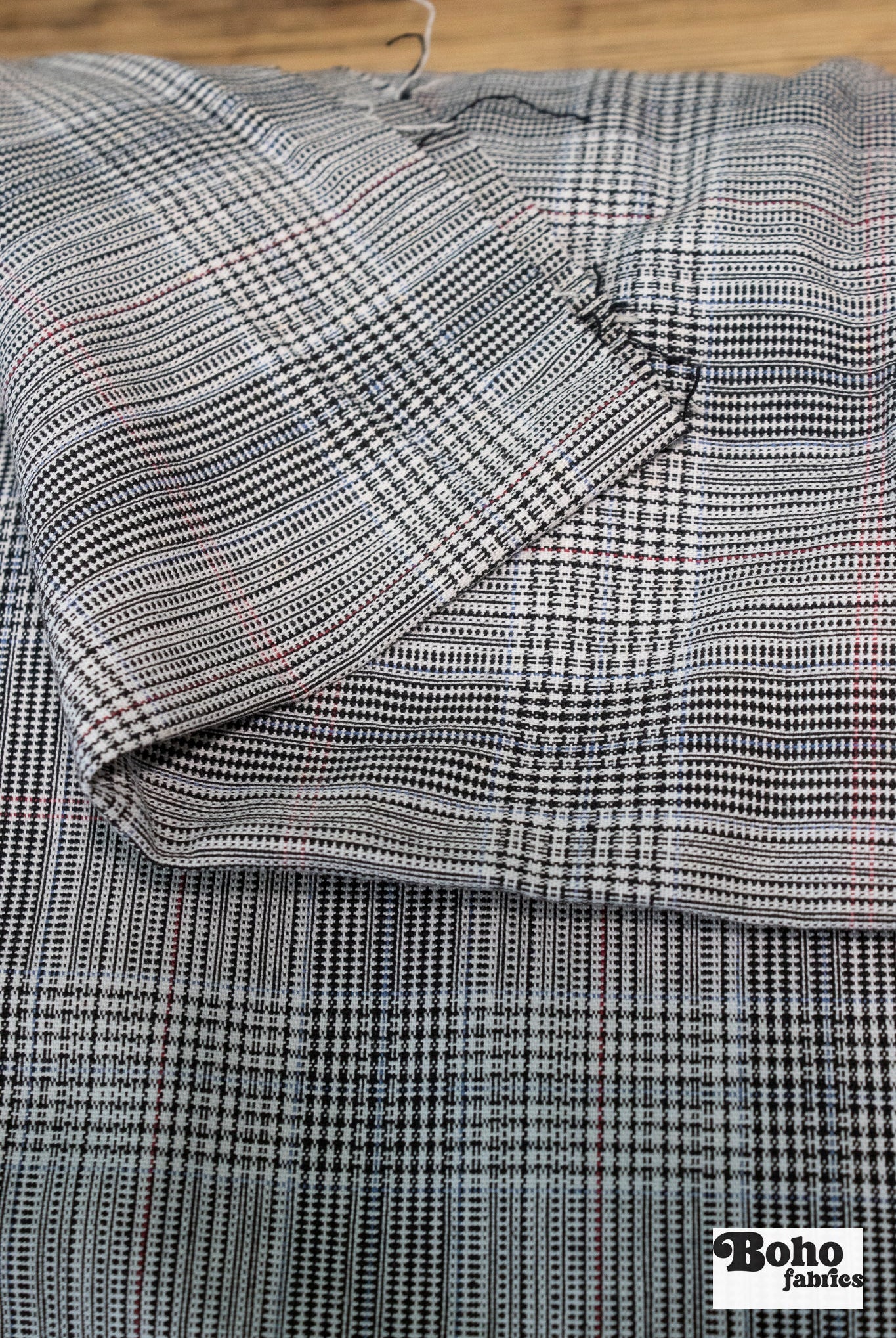 Blue Red Stripes Plaid Black & White, Stretch Woven - Boho Fabrics - Stretch Woven