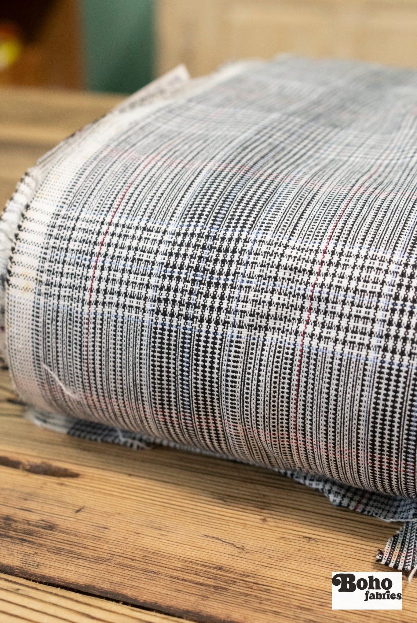 Blue Red Stripes Plaid Black & White, Stretch Woven - Boho Fabrics - Stretch Woven