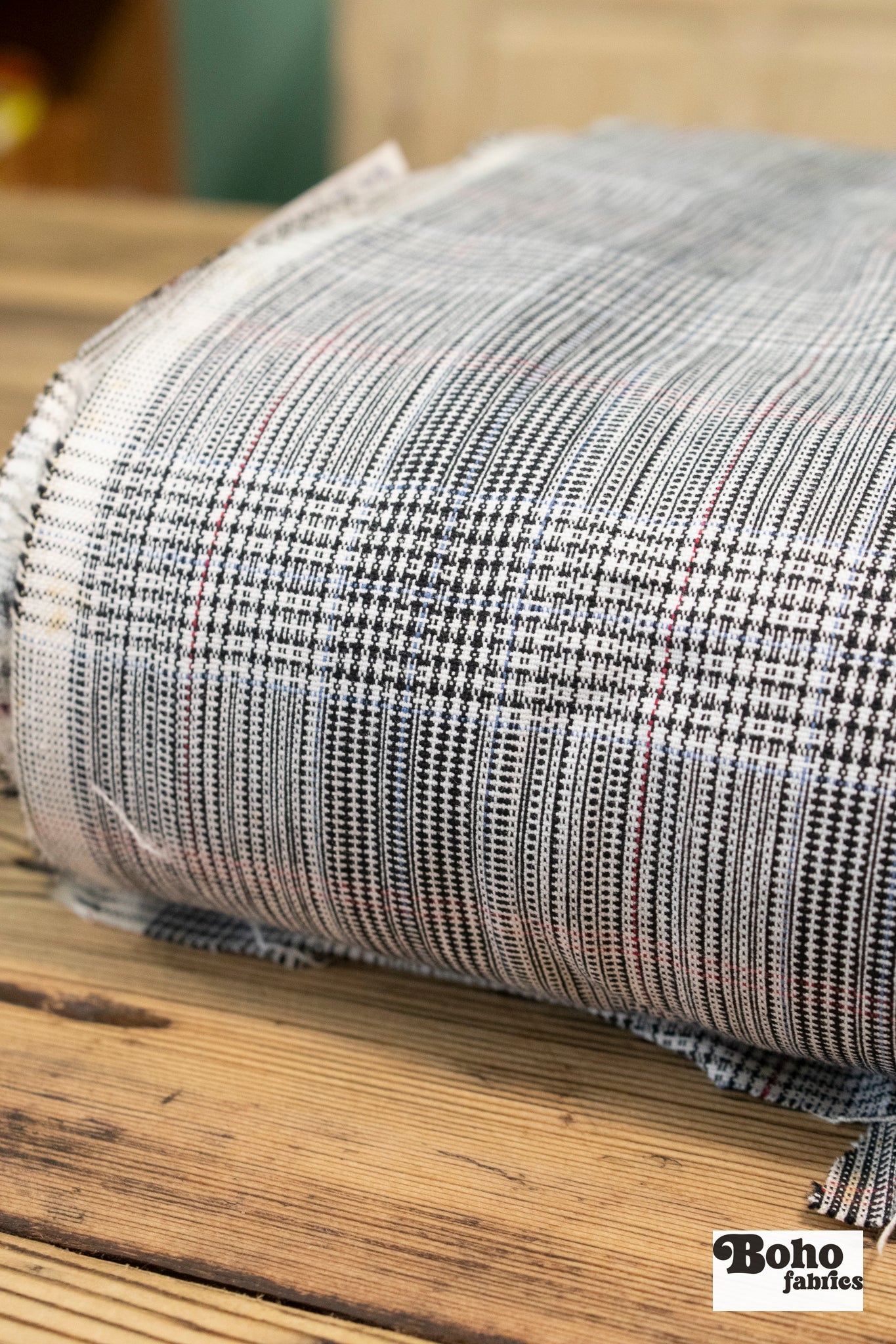 Blue Red Stripes Plaid Black & White, Stretch Woven - Boho Fabrics - Stretch Woven