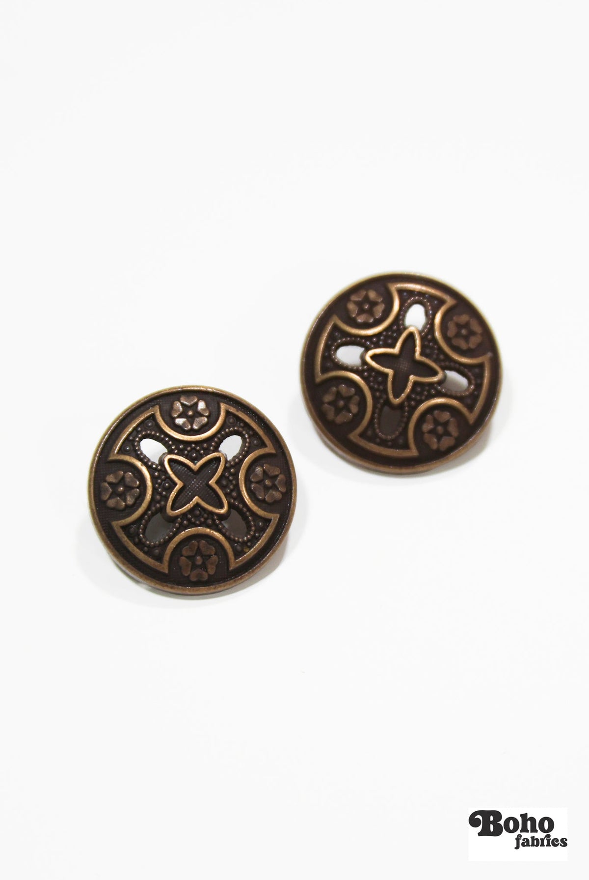 Bronze Cross Metal Shank Button. 30L (19mm, 3/4") , 36L (23mm / 7/8") - Boho Fabrics - Buttons & Snaps