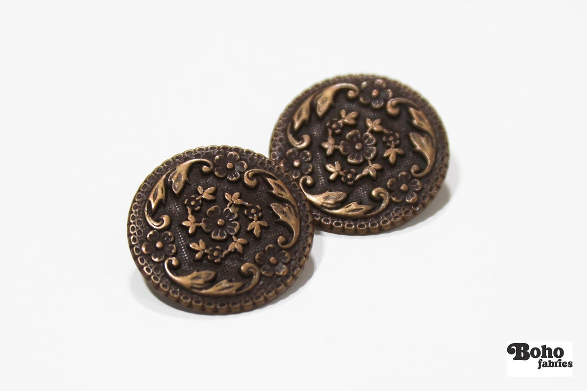 Bronze Filigree Metal Shank Buttons. 24L (15mm / 5/8"), 30L (19mm, 3/4") , 36L (23mm / 7/8") - Boho Fabrics - Buttons & Snaps