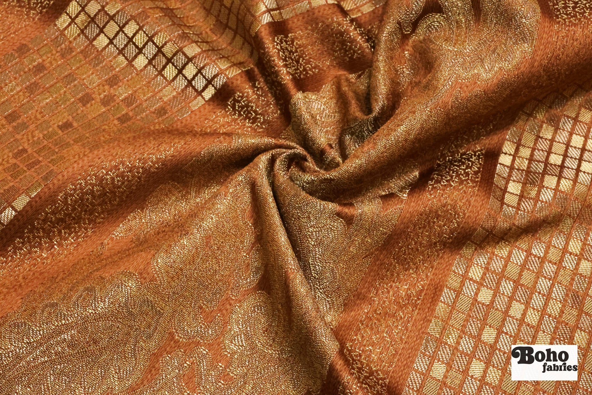 Bronze & Gold Paisley Grid Jacquard Woven Fabric - Boho Fabrics - Jacquard, Woven