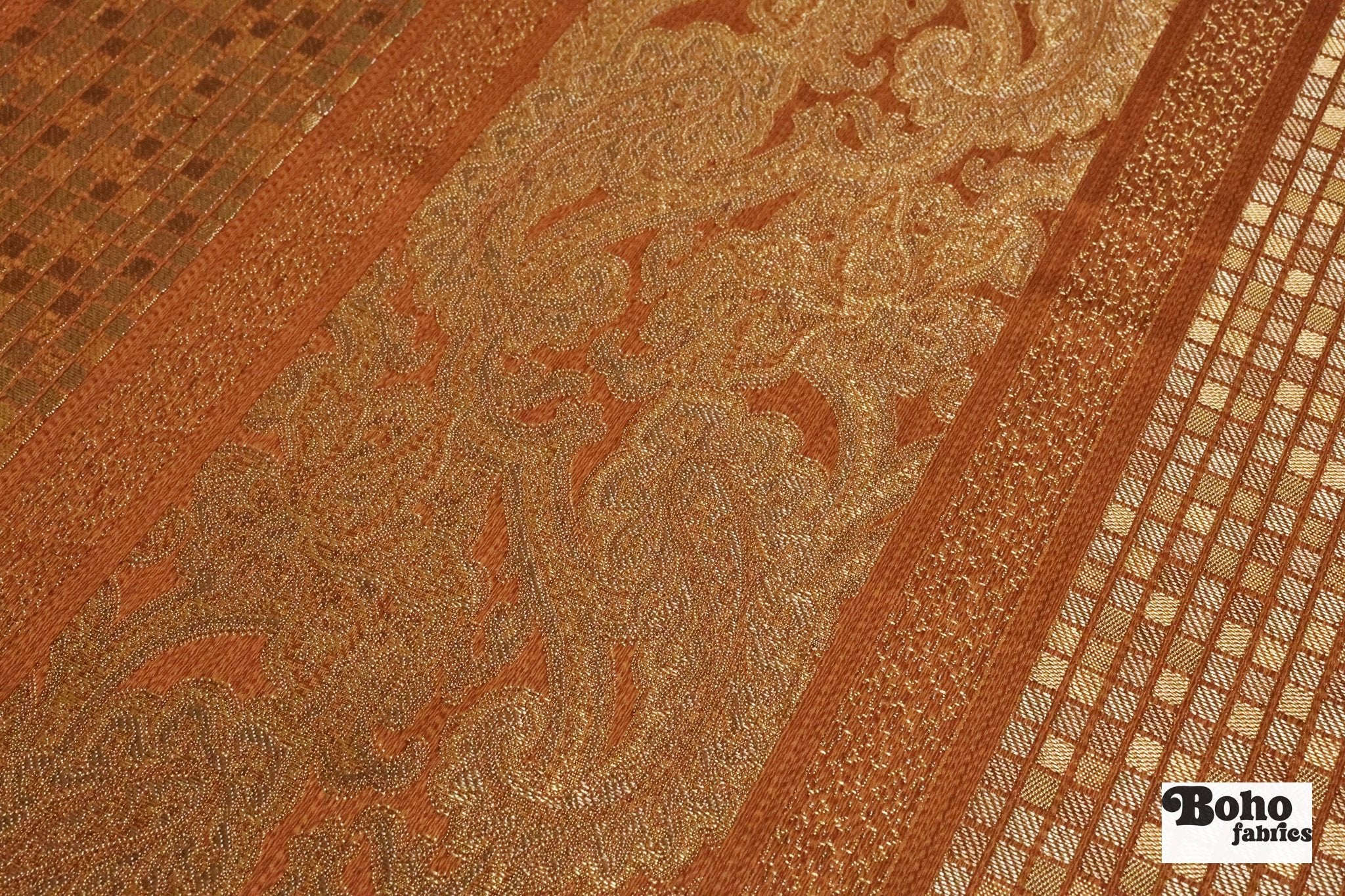 Bronze & Gold Paisley Grid Jacquard Woven Fabric - Boho Fabrics - Jacquard, Woven