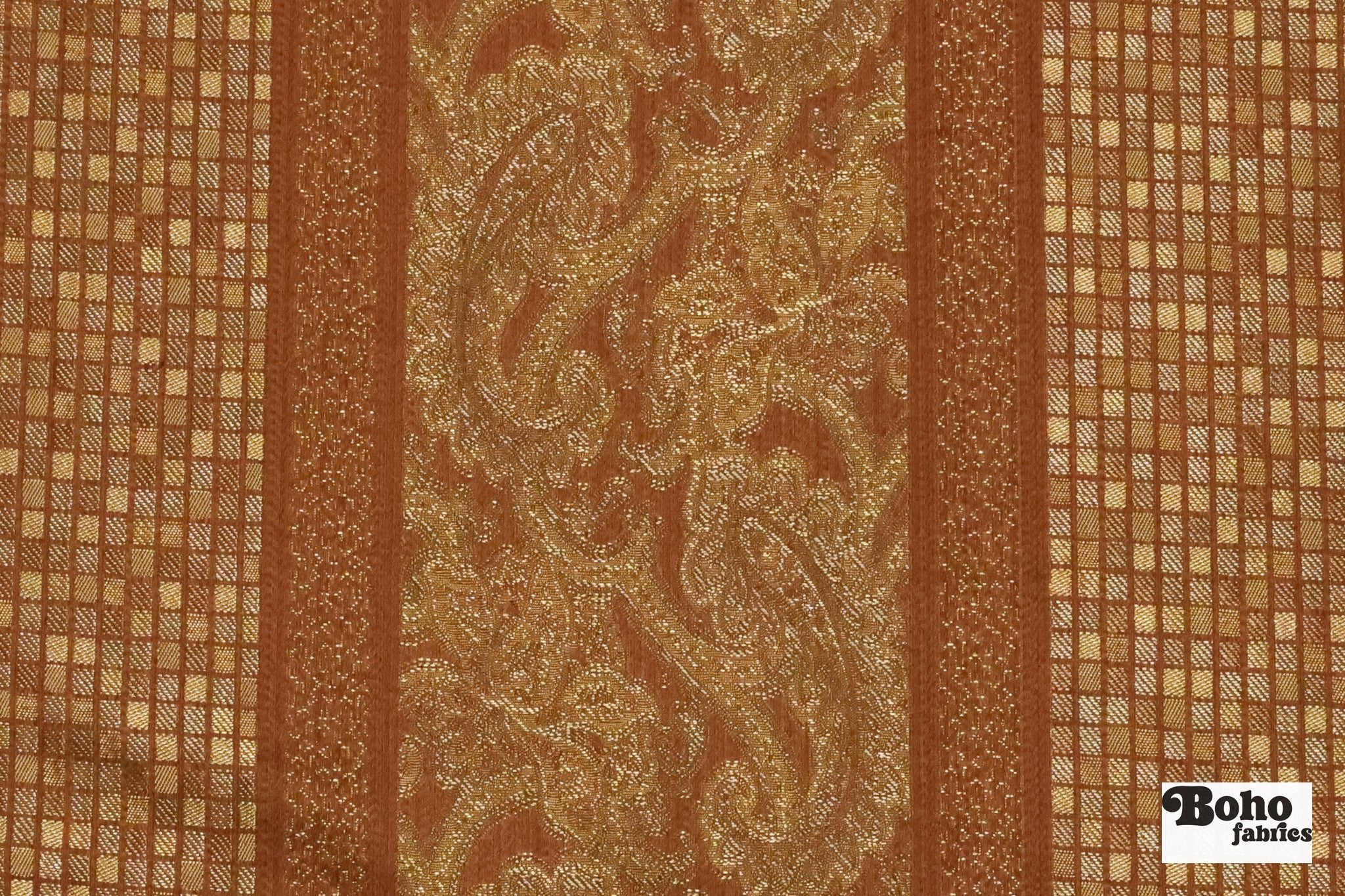 Bronze & Gold Paisley Grid Jacquard Woven Fabric - Boho Fabrics - Jacquard, Woven