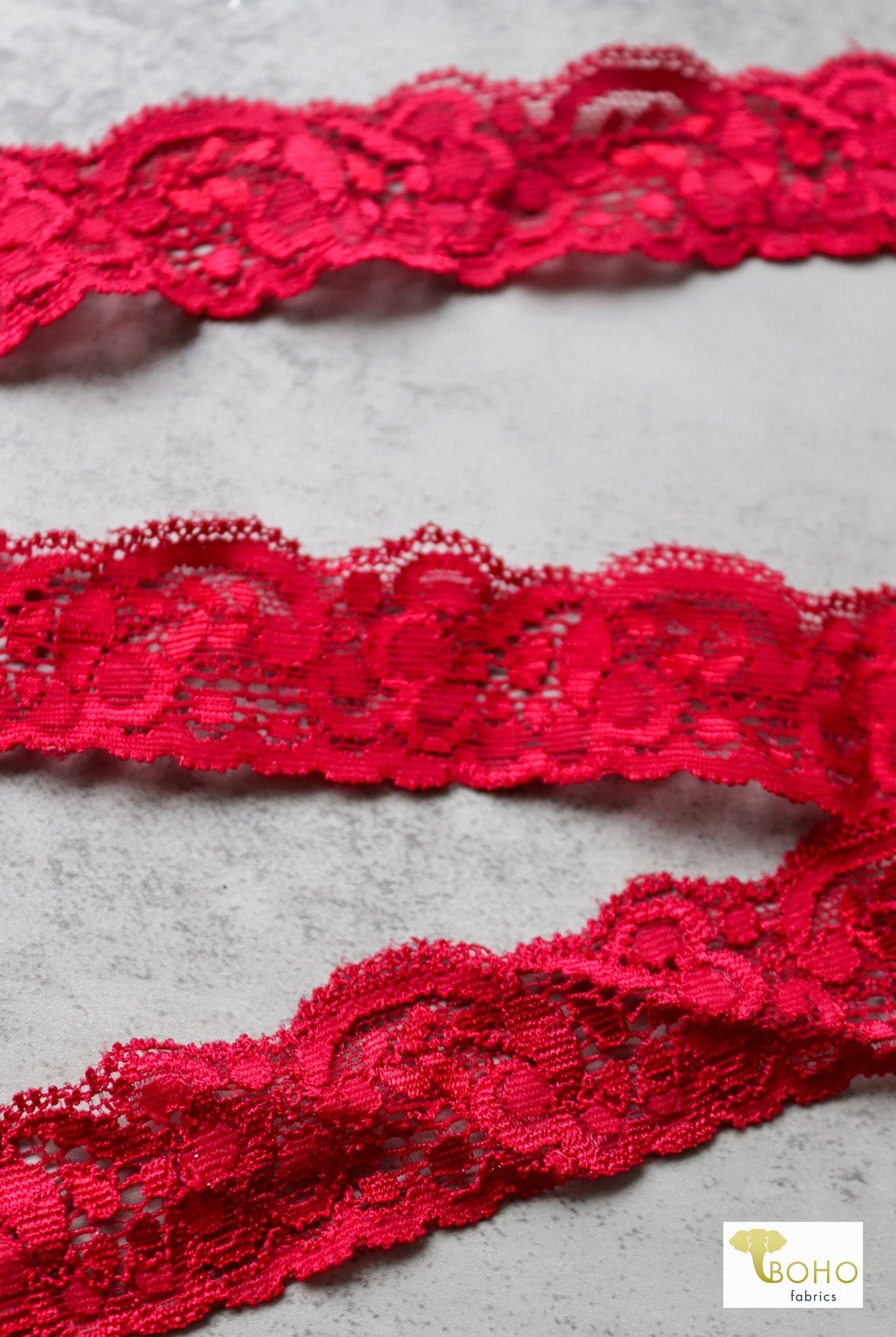 Bubble Roses on Red, 1.25", Stretch Lace Trim SOLD PER PACKAGE OF 3 YARDS. - Boho Fabrics