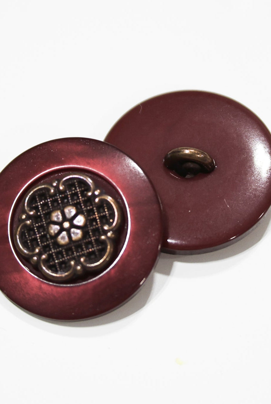Burgundy Pearl & Bronze Filigree Plastic Shank Buttons. 30L (19mm, 3/4") , 40L (25mm / 1") - Boho Fabrics - Buttons & Snaps