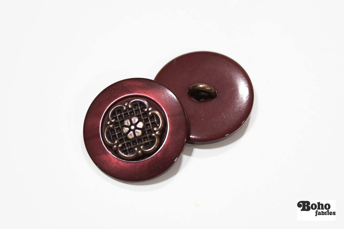 Burgundy Pearl & Bronze Filigree Plastic Shank Buttons. 30L (19mm, 3/4") , 40L (25mm / 1") - Boho Fabrics - Buttons & Snaps