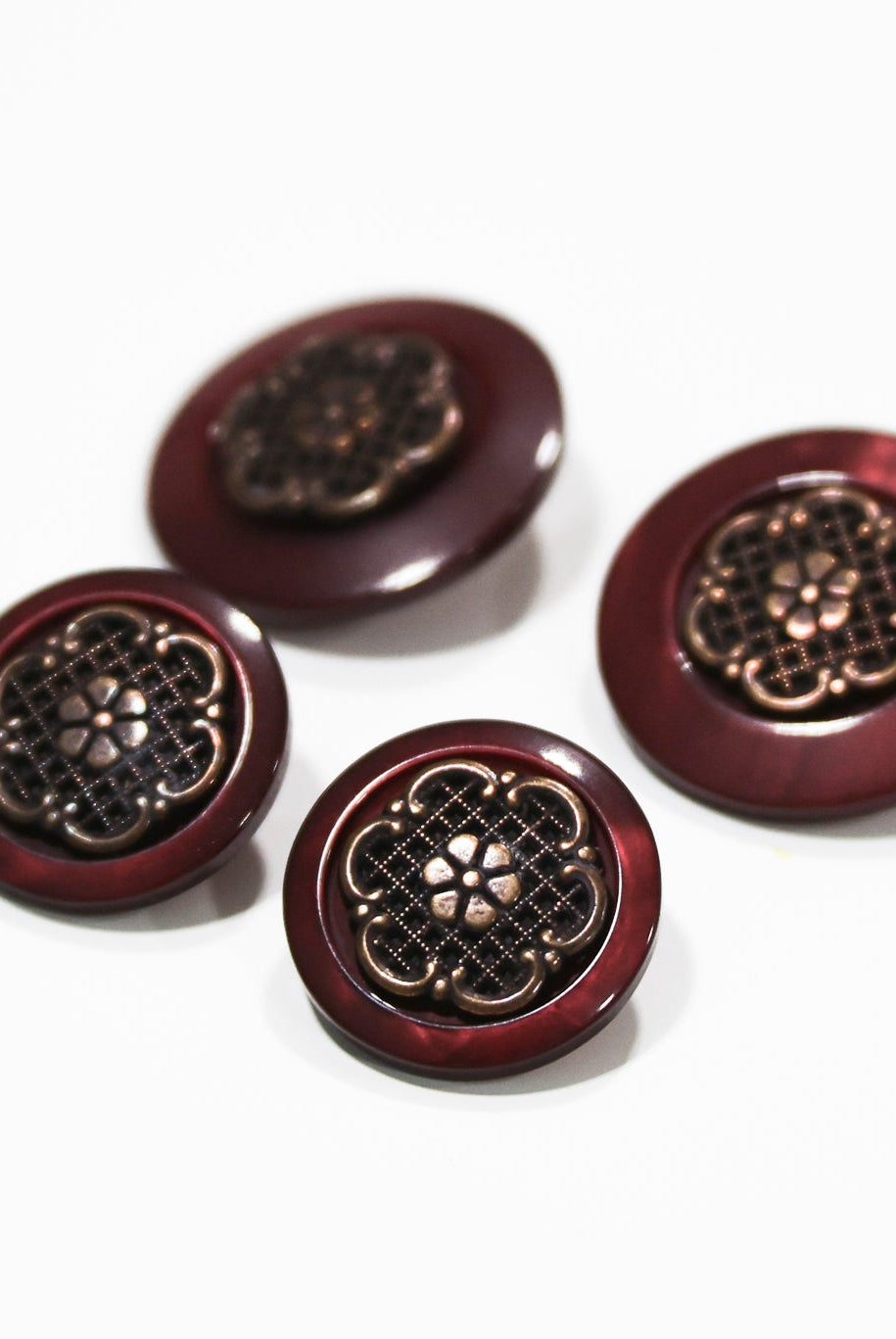 Burgundy Pearl & Bronze Filigree Plastic Shank Buttons. 30L (19mm, 3/4") , 40L (25mm / 1") - Boho Fabrics - Buttons & Snaps