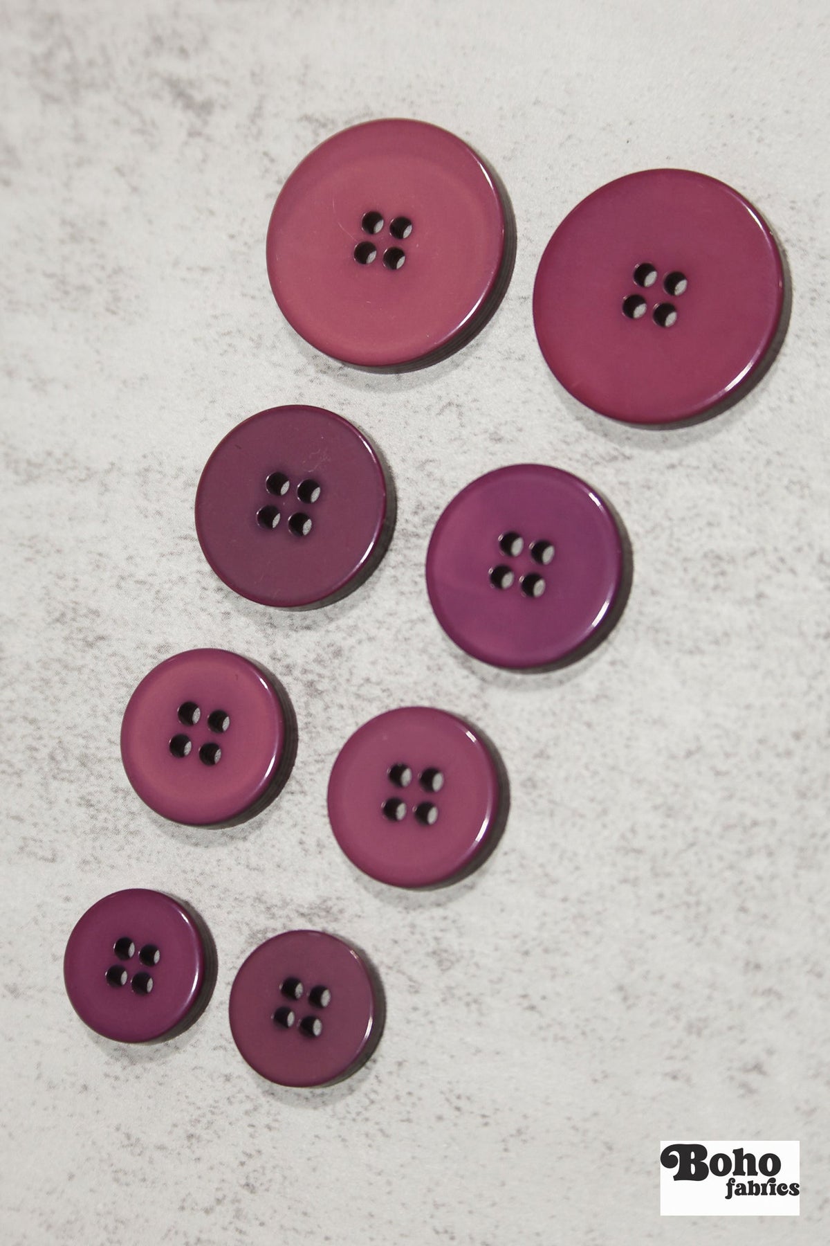 Burgundy, Round 4 Hole Buttons. 26L (16mm/ 3/4"), 28L, (18mm/ 11/16"), 34L (21mm / 13/16"), 42L (26mm/ 1") (Copy) - Boho Fabrics - Buttons & Snaps