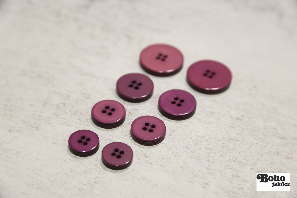 Burgundy, Round 4 Hole Buttons. 26L (16mm/ 3/4"), 28L, (18mm/ 11/16"), 34L (21mm / 13/16"), 42L (26mm/ 1") (Copy) - Boho Fabrics - Buttons & Snaps