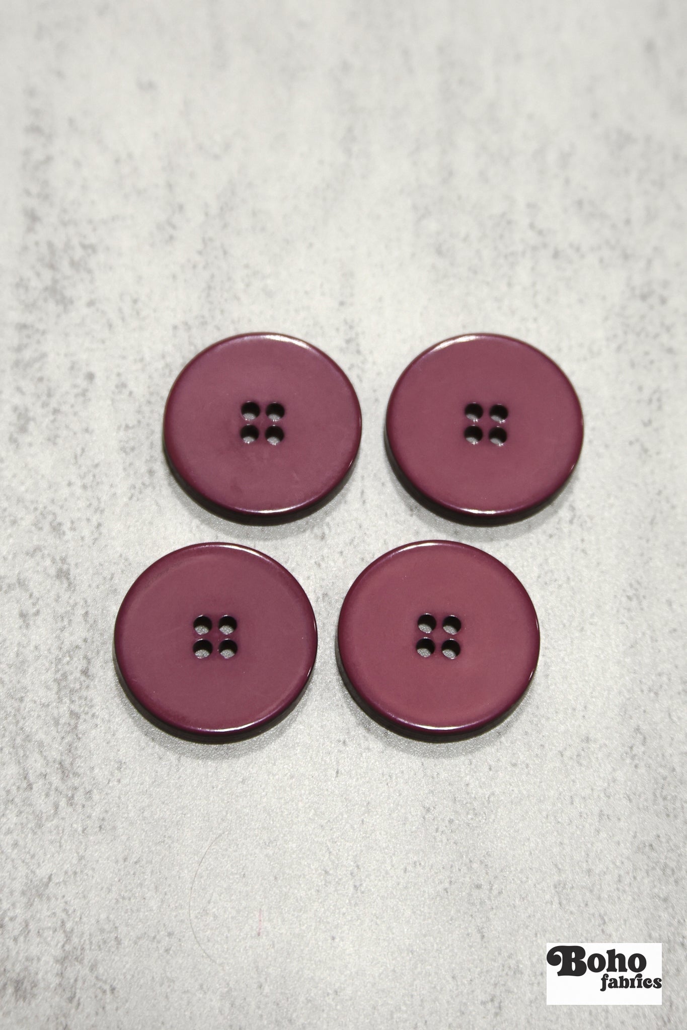 Burgundy, Round 4 Hole Buttons. 42L (26mm/ 1") Sold per Package of 4 - Boho Fabrics - Buttons & Snaps