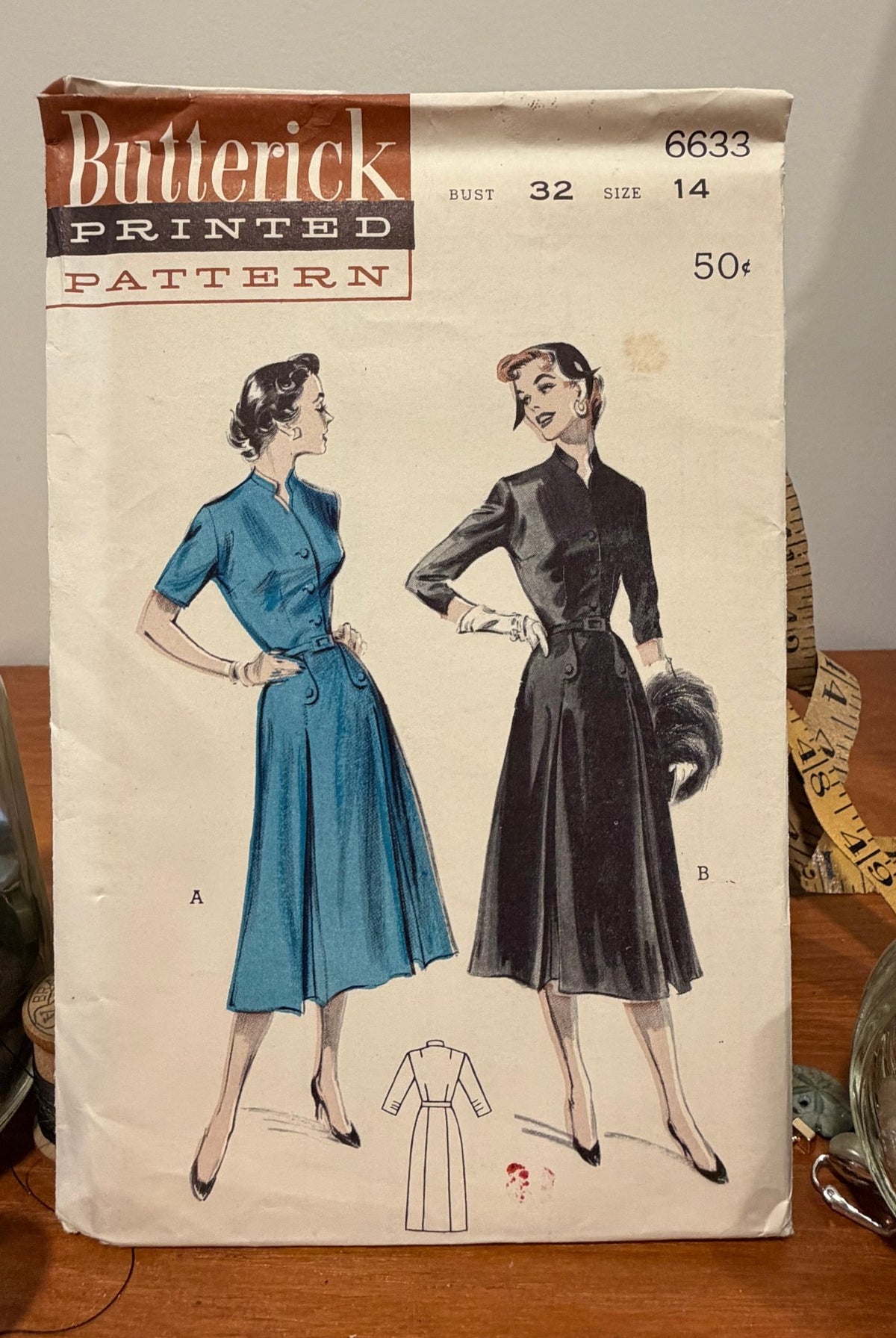 Butterick Sewing Pattern #6633 — Mandarin Collar Dress with Pleated Skirt, Size 14, Bust 32, Vintage 1953 - Boho Fabrics - Sewing Patterns
