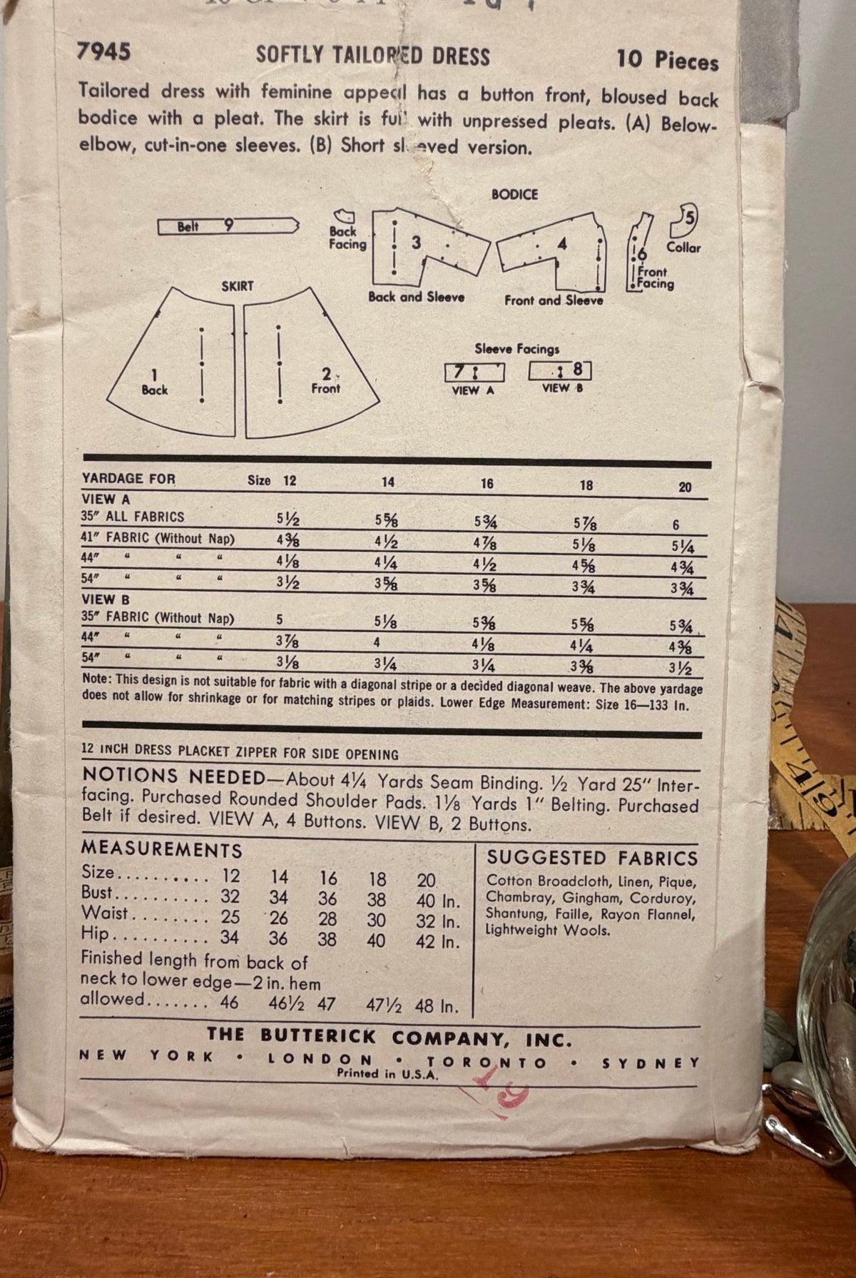 Butterick Sewing Pattern #7945 — Button-Front Dress with Full Pleated Skirt, Size 18, Bust 38, Vintage 1956 - Boho Fabrics - Sewing Patterns