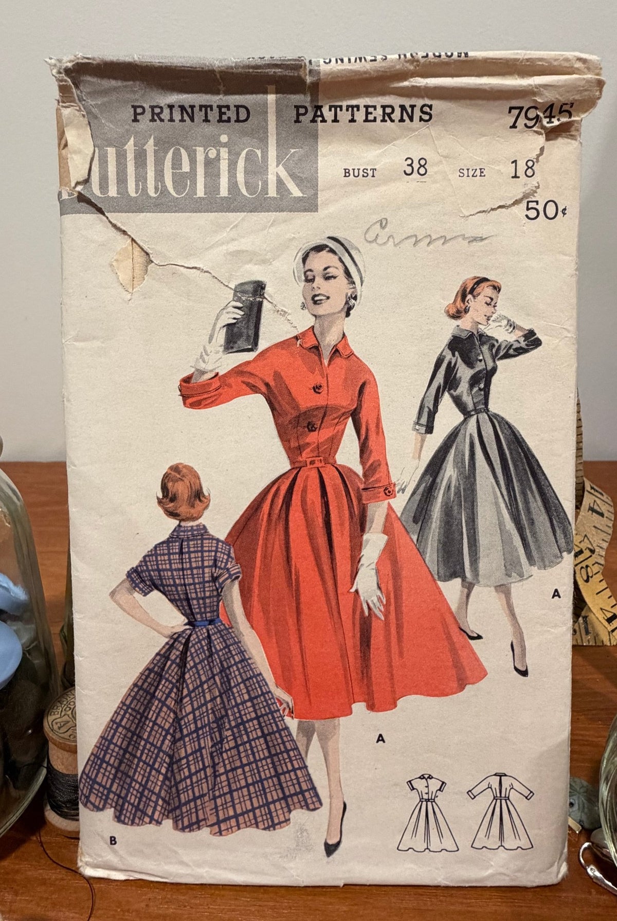 Butterick Sewing Pattern #7945 — Button-Front Dress with Full Pleated Skirt, Size 18, Bust 38, Vintage 1956 - Boho Fabrics - Sewing Patterns