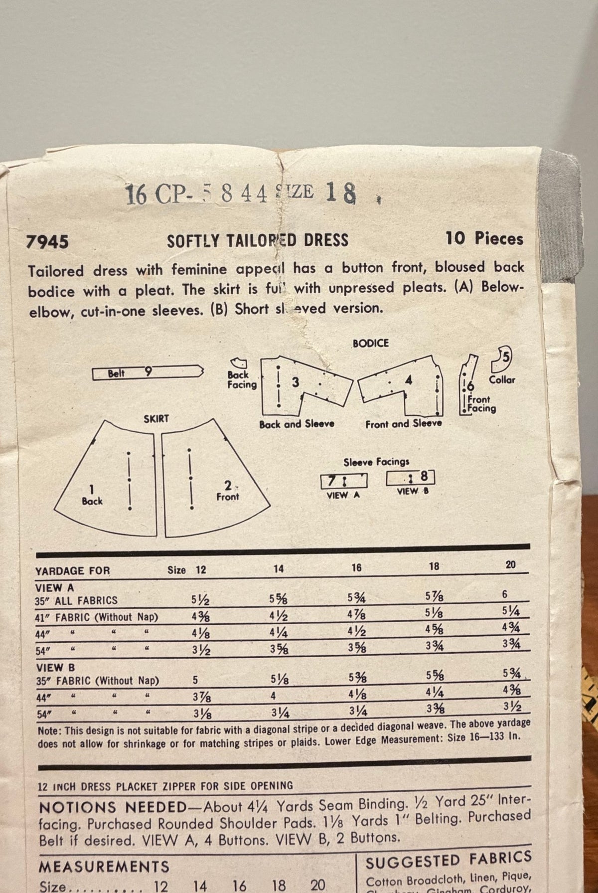 Butterick Sewing Pattern #7945 — Button-Front Dress with Full Pleated Skirt, Size 18, Bust 38, Vintage 1956 - Boho Fabrics - Sewing Patterns