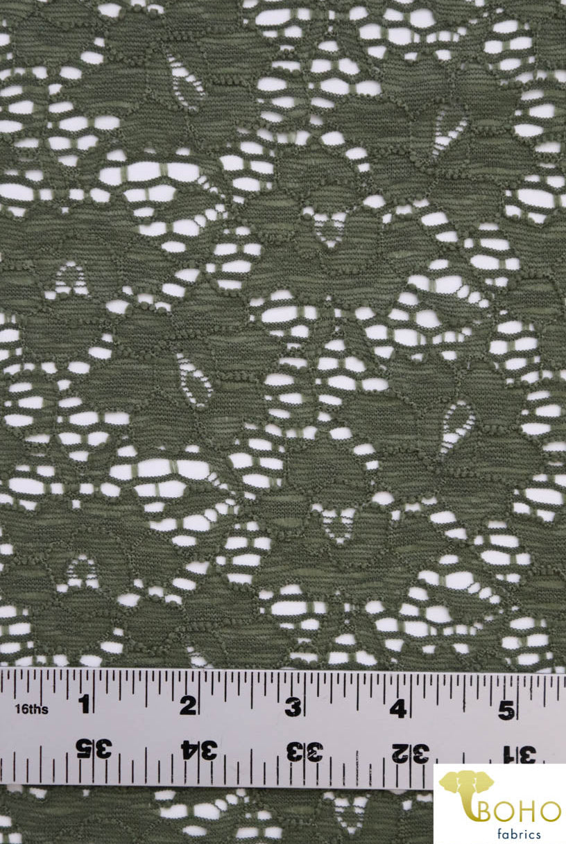 Camouflage Florals in Olive Green. Stretch Lace. SL-115. - Boho Fabrics