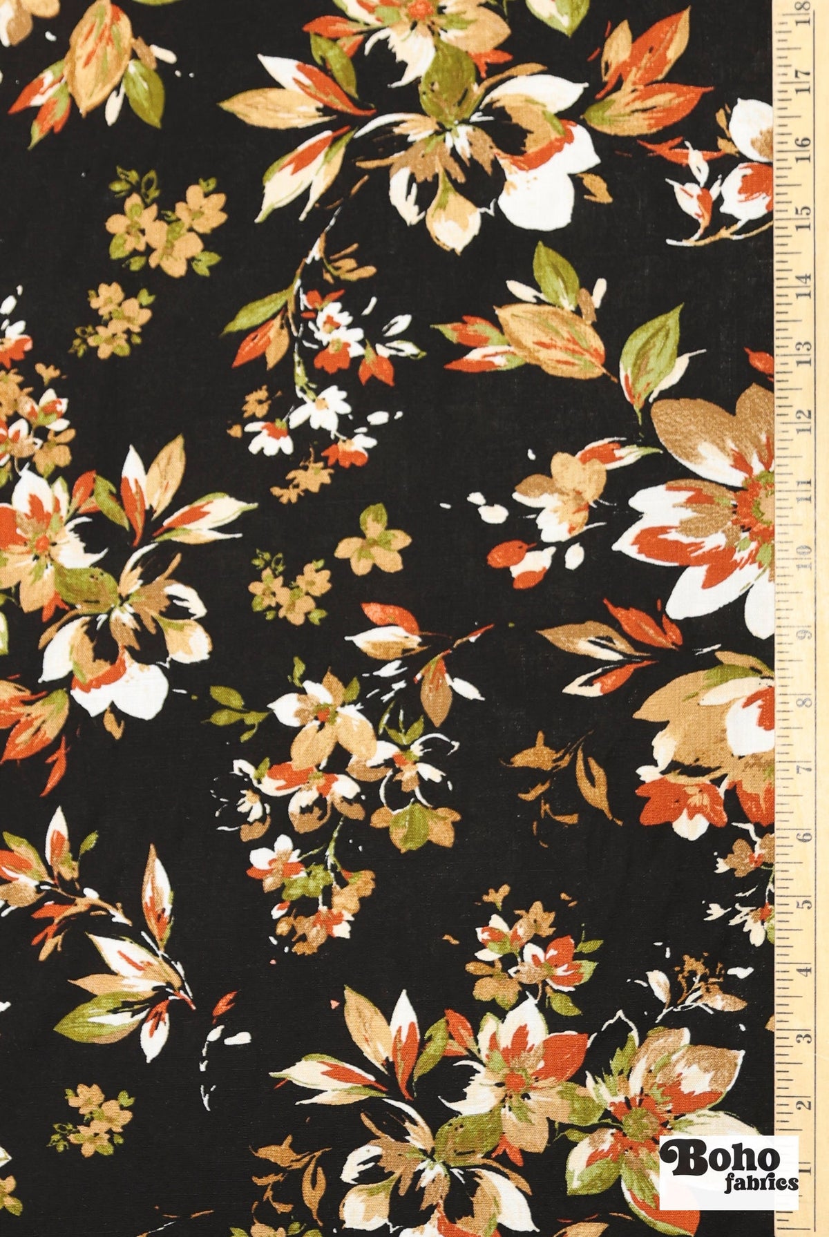 Canyon Garden in Black. Rayon Slub Stretch Woven Fabric - Linen Look. - Boho Fabrics - Stretch Woven Fabric