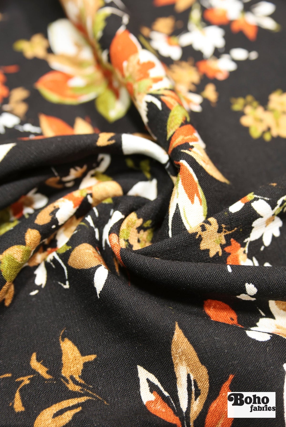 Canyon Garden in Black. Rayon Slub Stretch Woven Fabric - Linen Look. - Boho Fabrics - Stretch Woven Fabric