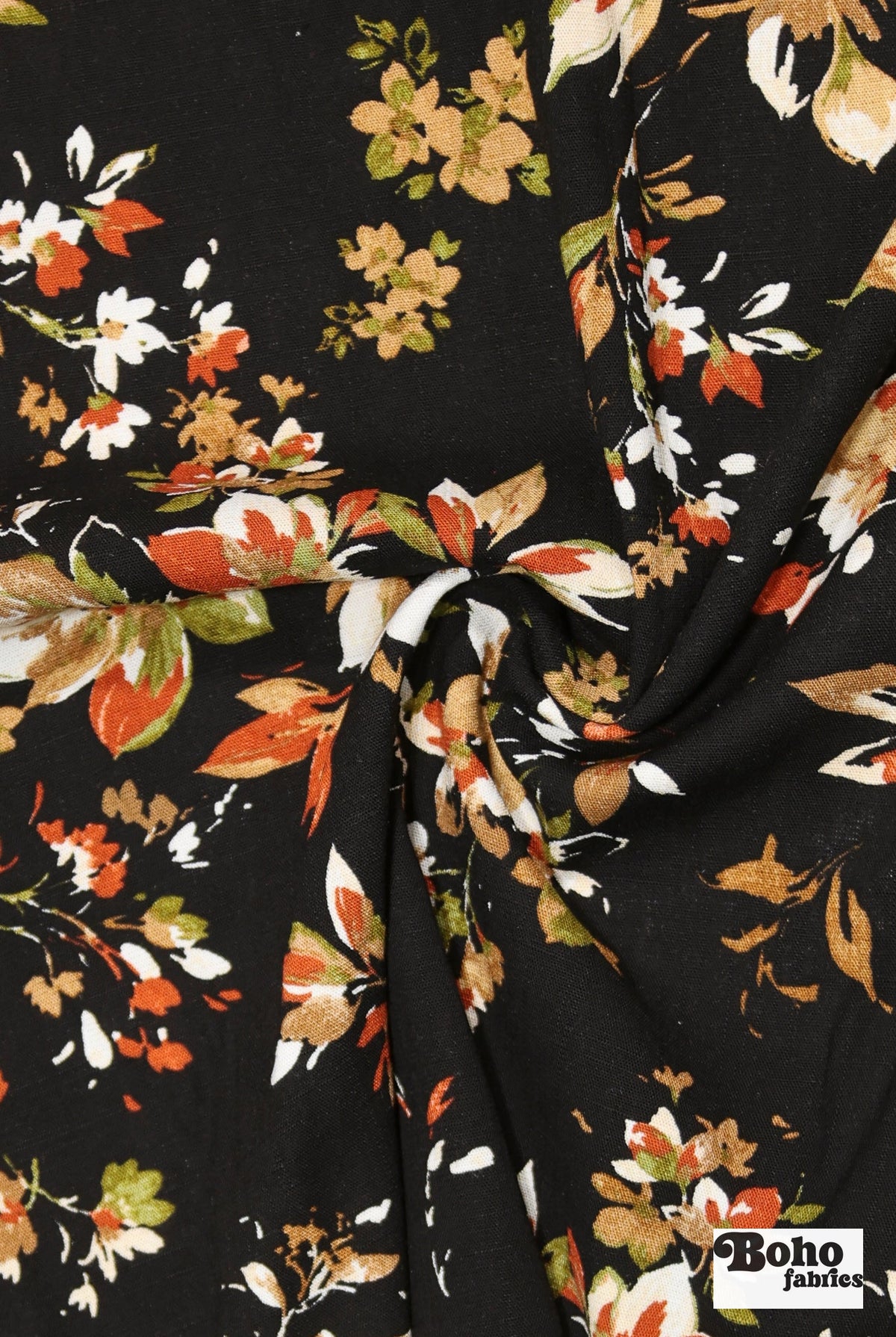 Canyon Garden in Black. Rayon Slub Stretch Woven Fabric - Linen Look. - Boho Fabrics - Stretch Woven Fabric