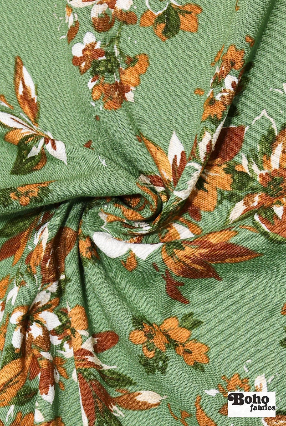 Canyon Garden in Green. Rayon Slub Stretch Woven Fabric - Linen Look. - Boho Fabrics - Stretch Woven Fabric