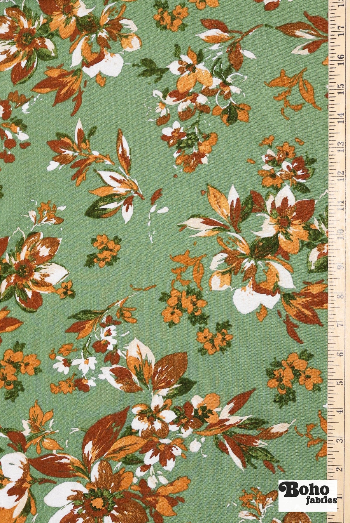 Canyon Garden in Green. Rayon Slub Stretch Woven Fabric - Linen Look. - Boho Fabrics - Stretch Woven Fabric