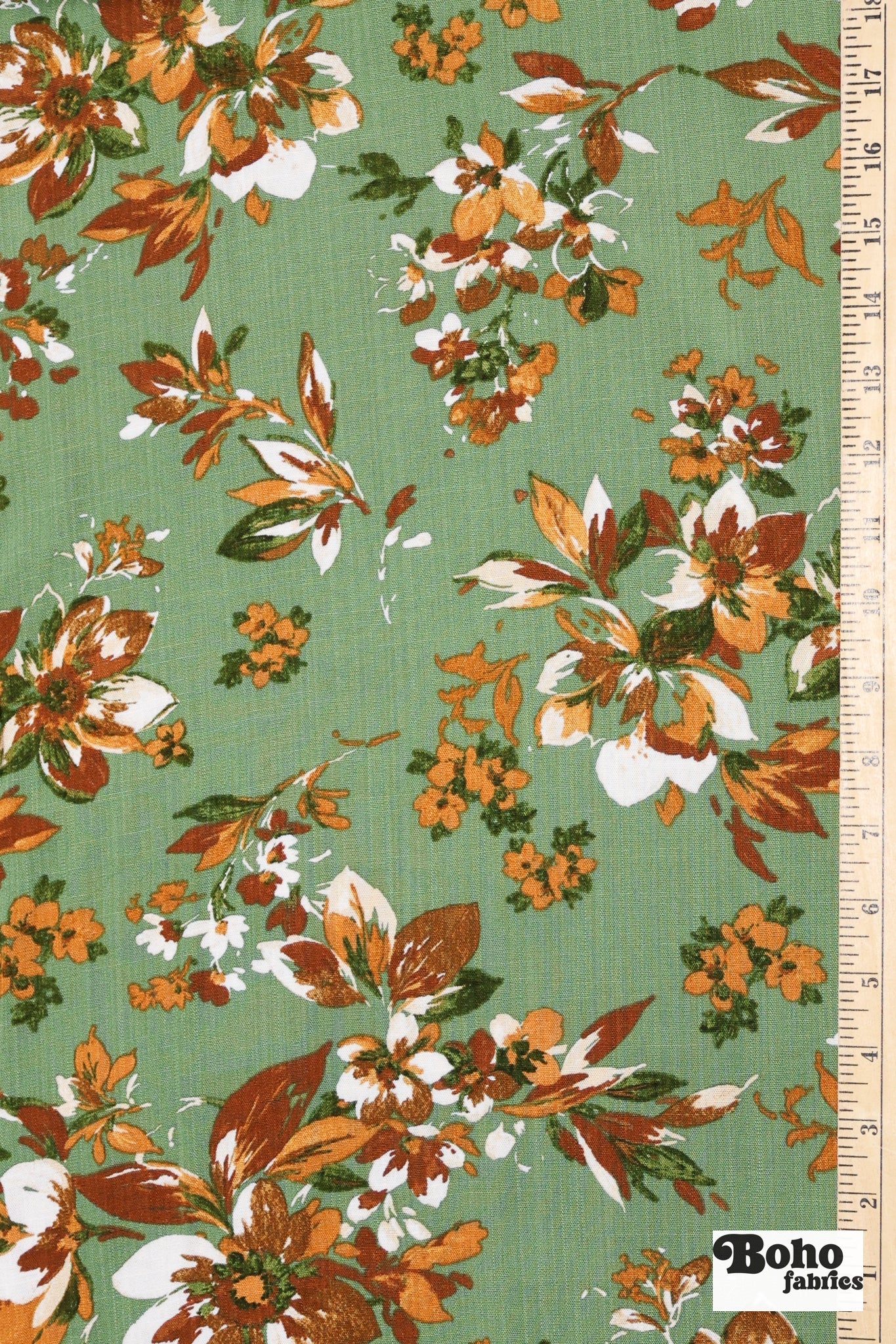 Canyon Garden in Green. Rayon Slub Stretch Woven Fabric - Linen Look. - Boho Fabrics - Stretch Woven Fabric