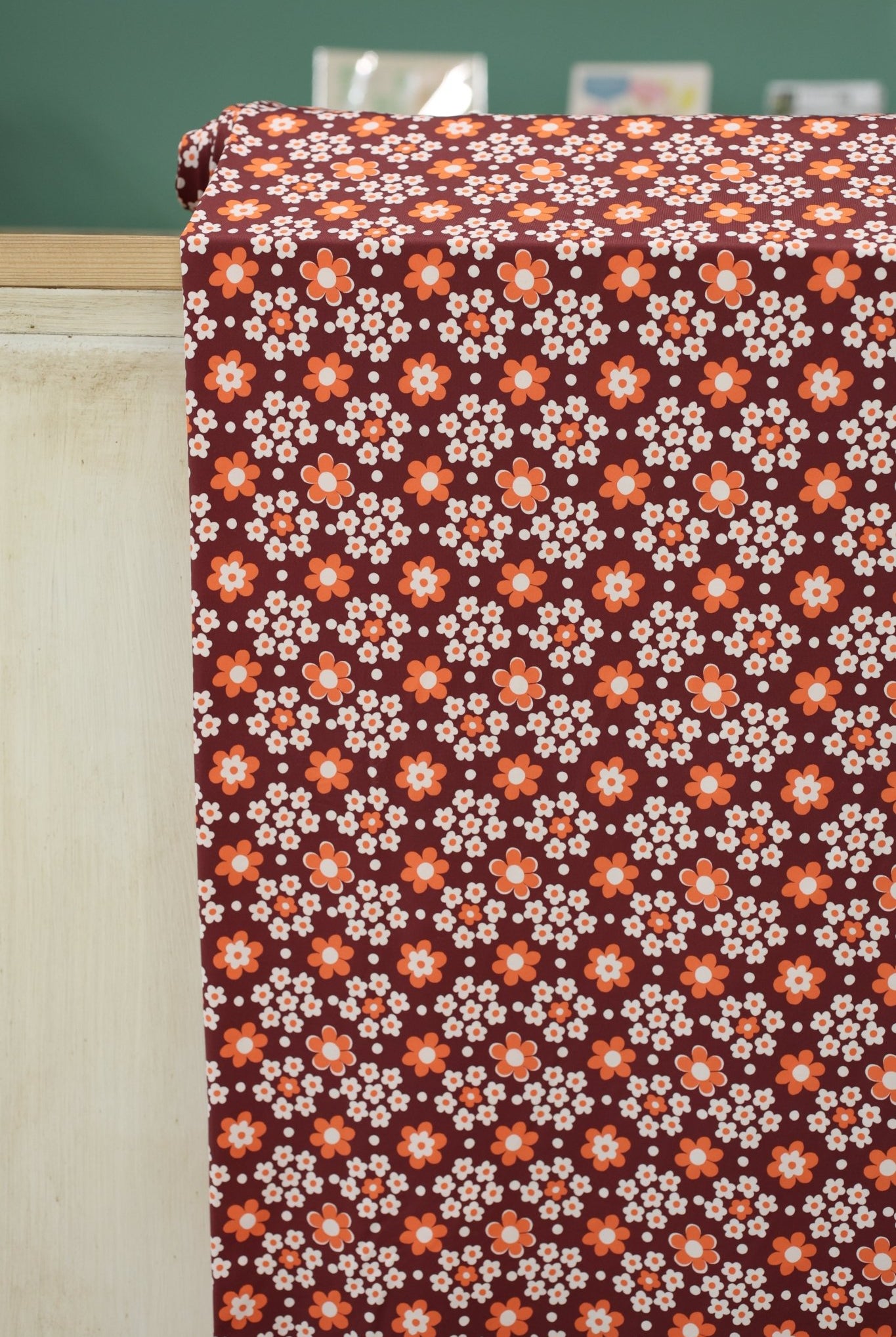 Carnaby Daisy in White & Orange on Brown, Athletic Knit Fabric (Small Flaw) - Boho Fabrics - Athletic Knit Fabric