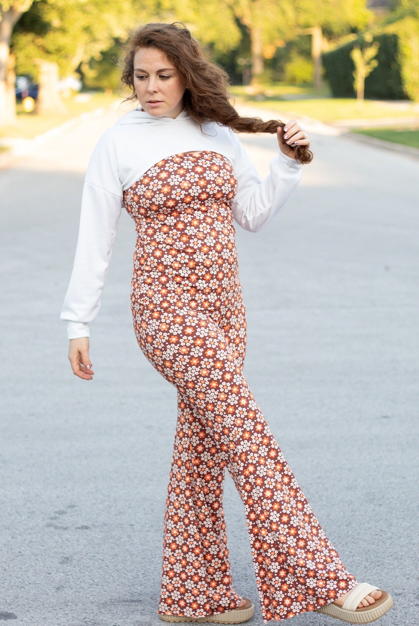 Carnaby Daisy in White & Orange on Brown, Athletic Knit Fabric (Small Flaw) - Boho Fabrics - Athletic Knit Fabric