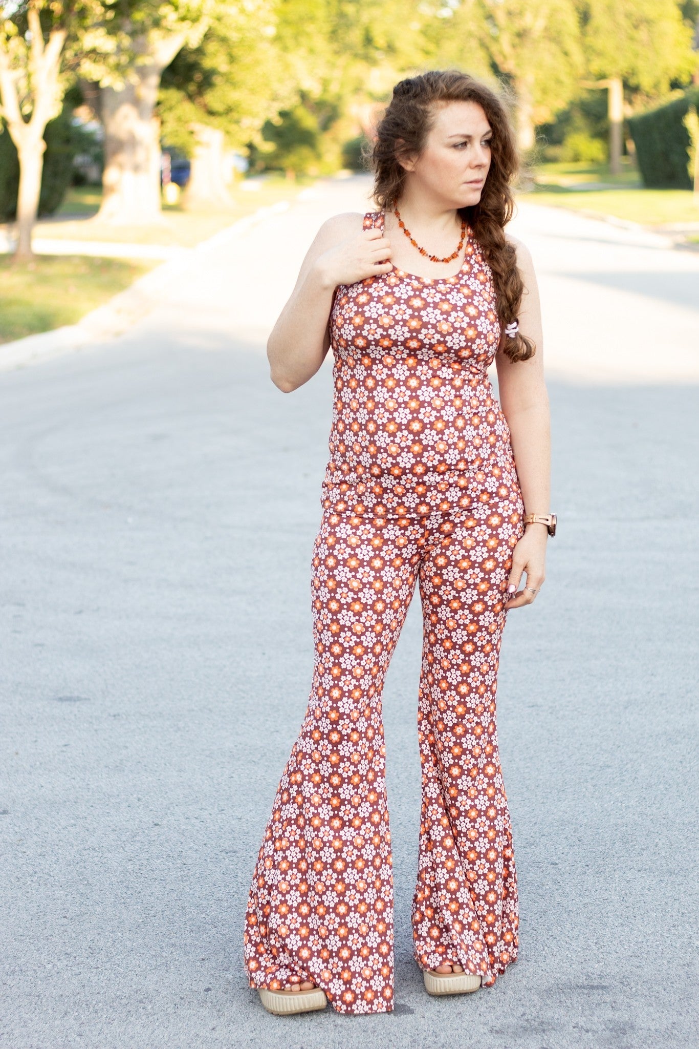 Carnaby Daisy in White & Orange on Brown, Athletic Knit Fabric (Small Flaw) - Boho Fabrics - Athletic Knit Fabric