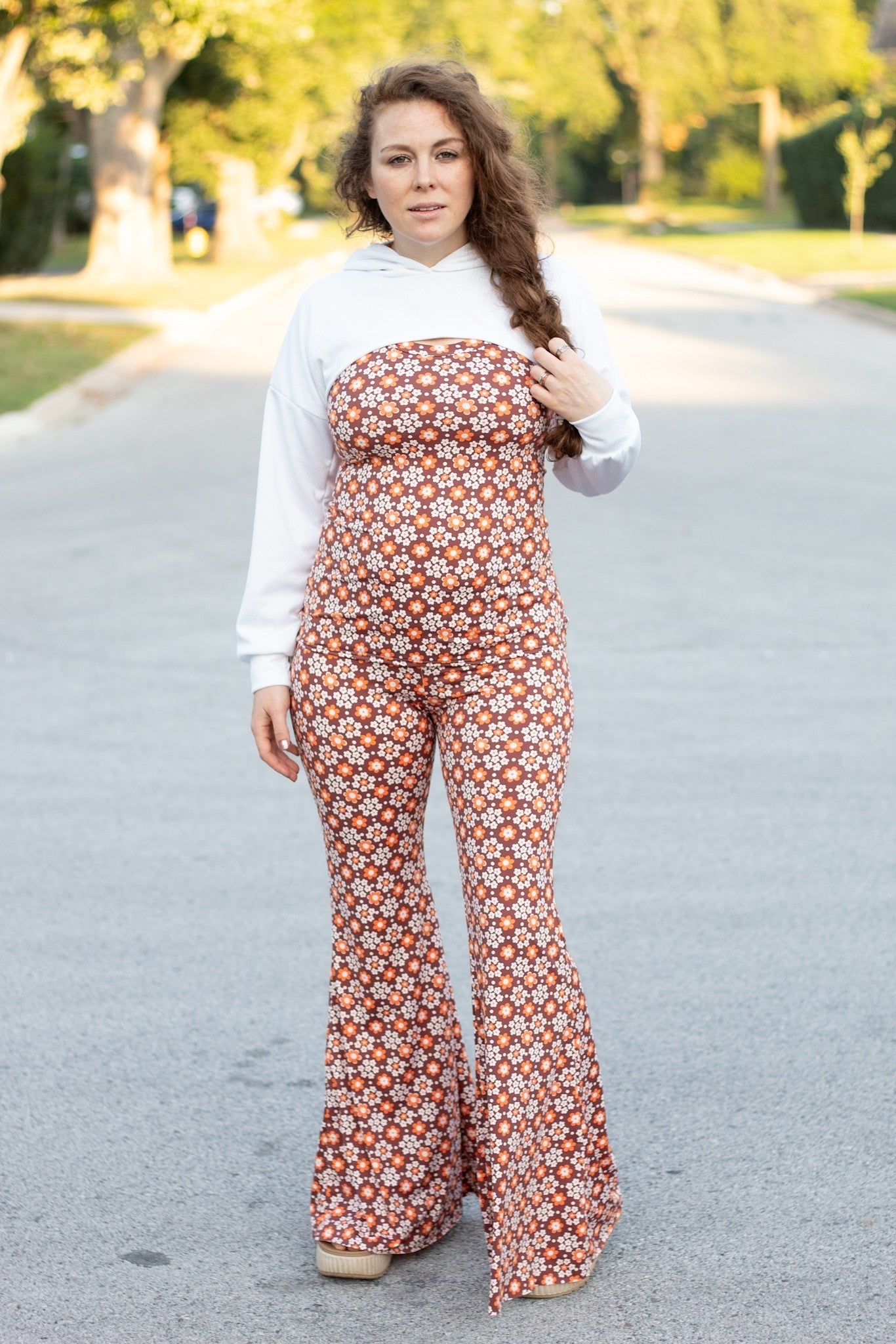 Carnaby Daisy in White & Orange on Brown, Athletic Knit Fabric (Small Flaw) - Boho Fabrics - Athletic Knit Fabric