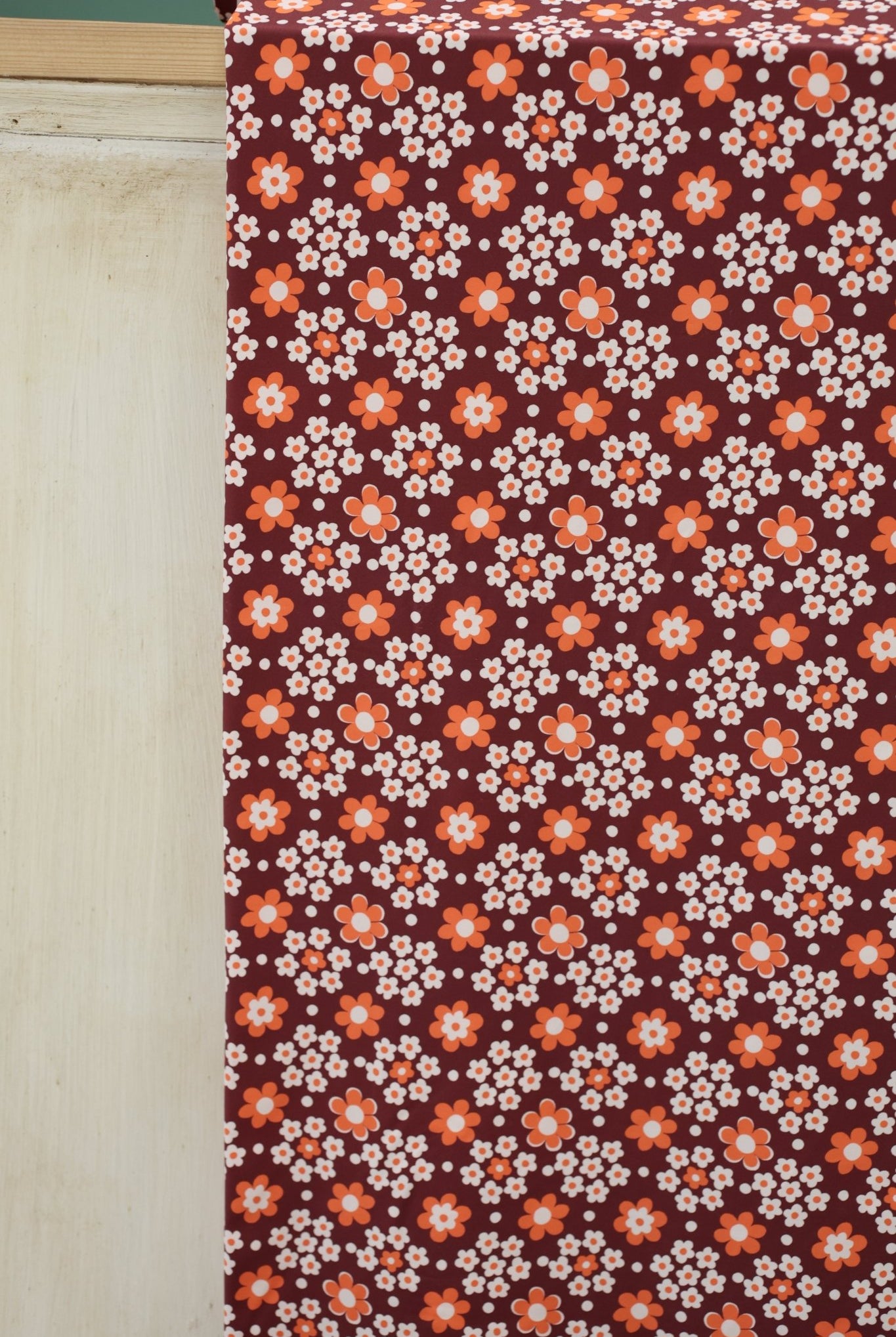 Carnaby Daisy in White & Orange on Brown, Athletic Knit Fabric (Small Flaw) - Boho Fabrics - Athletic Knit Fabric